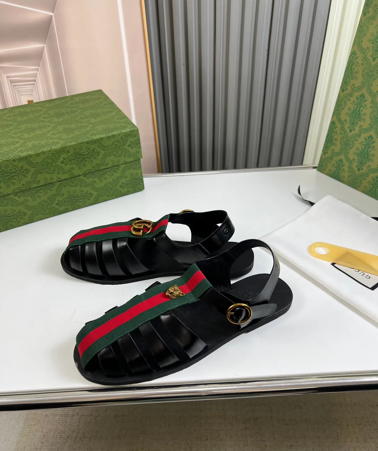 Gucci Dionysus Black Green Ribbed Toe Guard Web Stripe Strap Gladiator Sandals