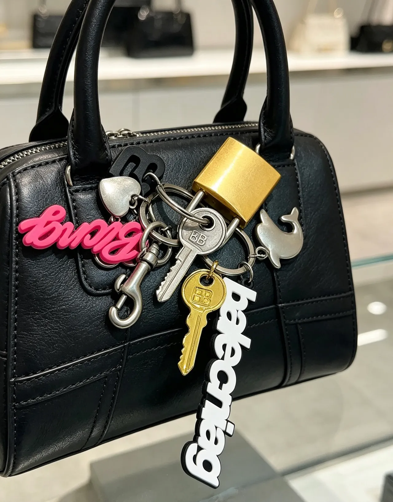 Balenciaga Black Silver Structured Pebbled Leather Boston Bag