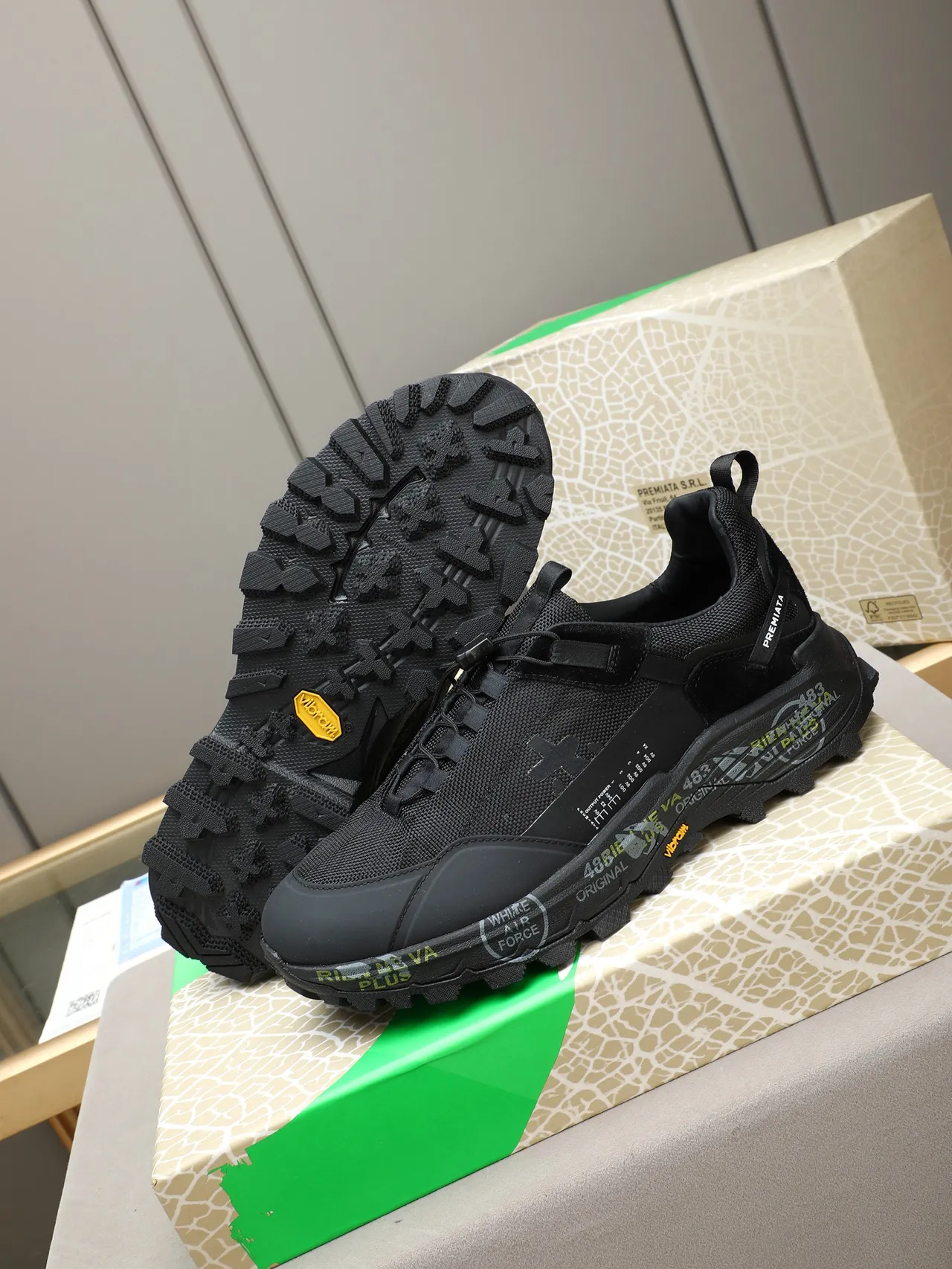 Premiata Black Yellow Sole Hybrid Lace-and-Strap Closure Chunky Sneakers