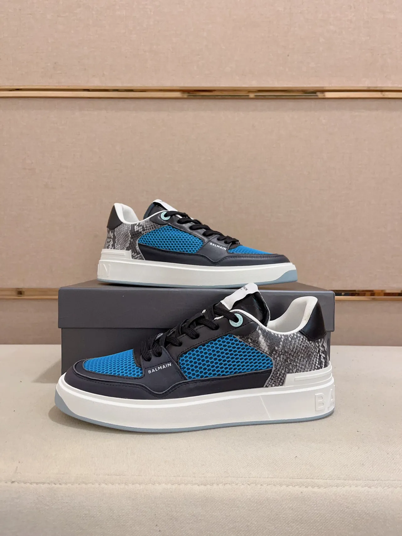 Balmain B-Court Blue Mesh and Black Leather Lifestyle Sneakers
