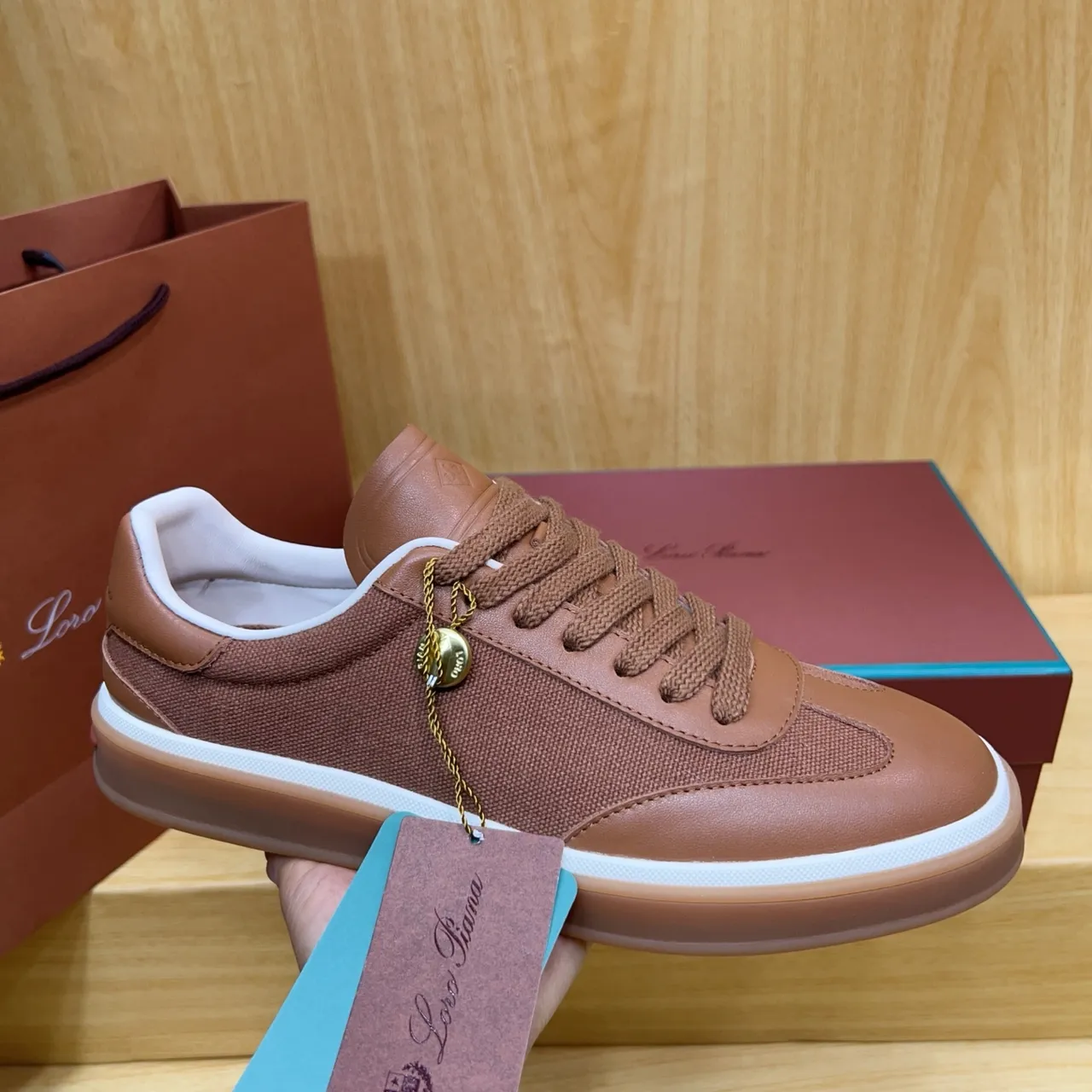 Loro Piana Brown Leather and Textile Low-Top Lifestyle Sneaker