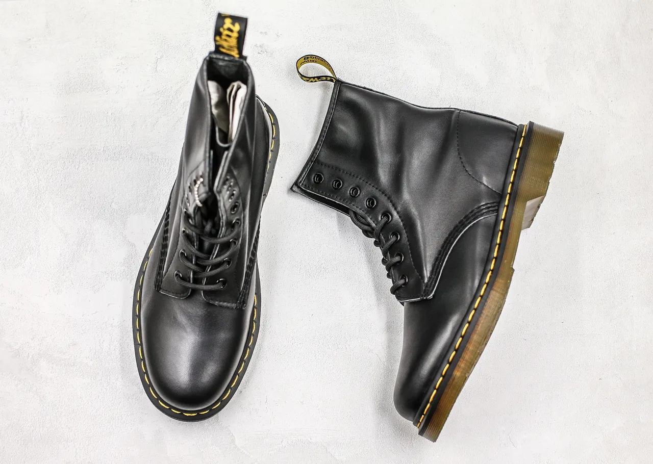 Dr. Martens 1460 Black Smooth Leather Yellow Stitch Martin Boots