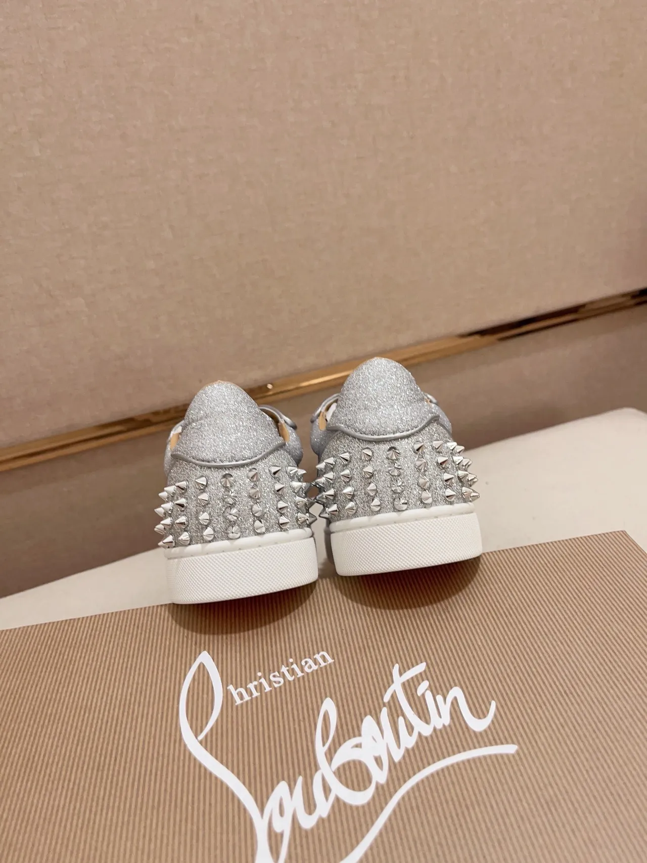 Christian Louboutin Studded Glitter Sneaker Silver White Upper Conical Studs Lifestyle Sneakers