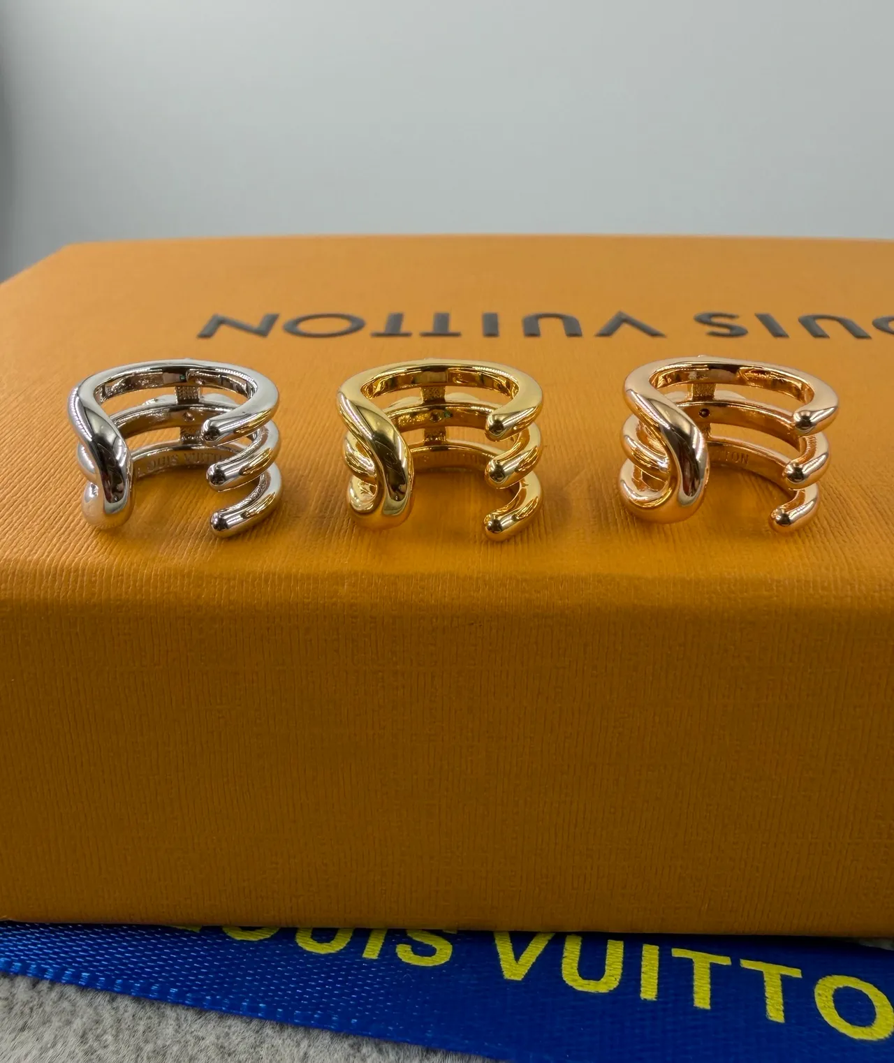 Louis Vuitton Gold Silver Triple-Band Floral Motif Ring
