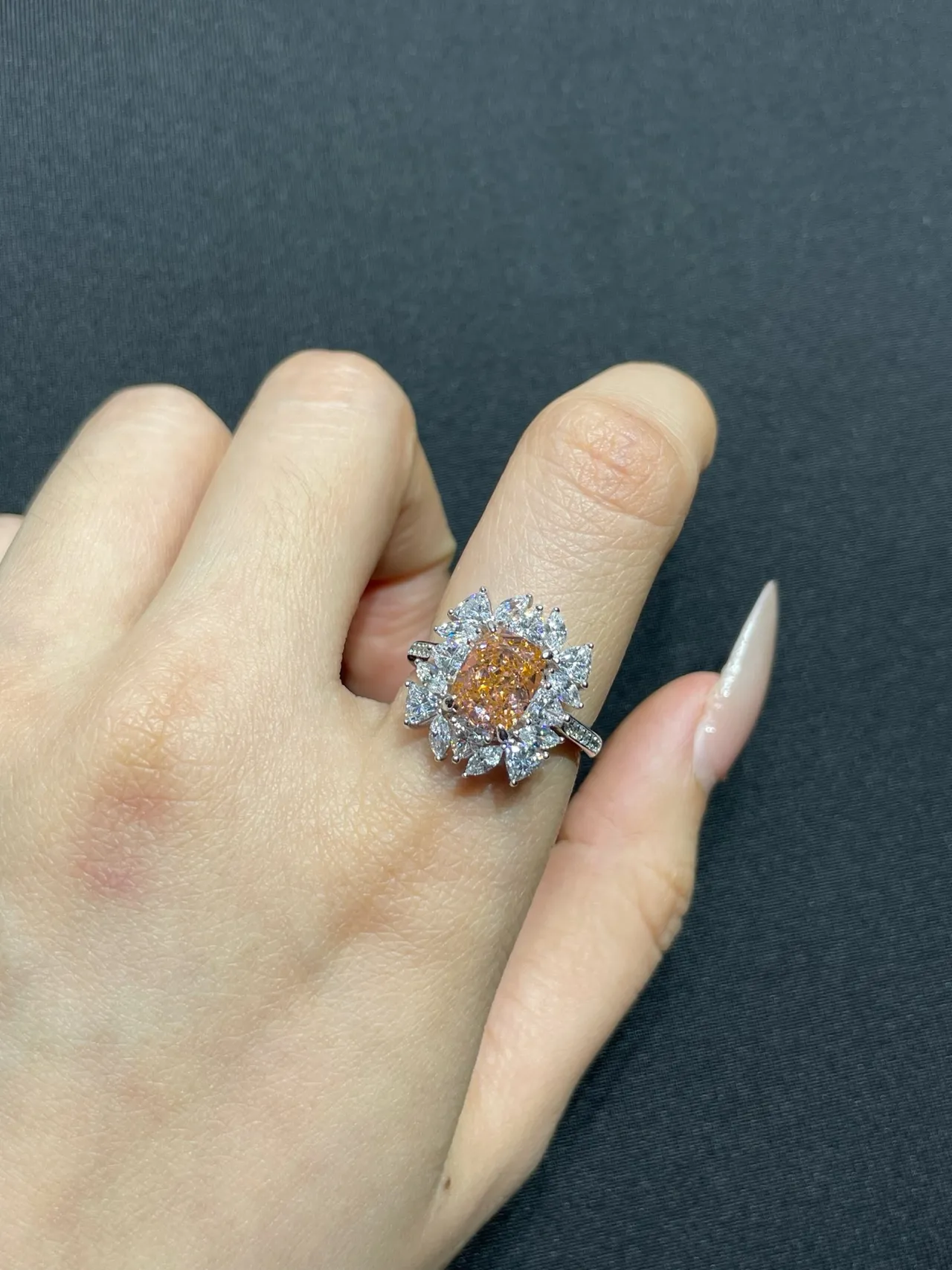 Orange Silver Floral Halo Setting Cushion-Cut Center Ring