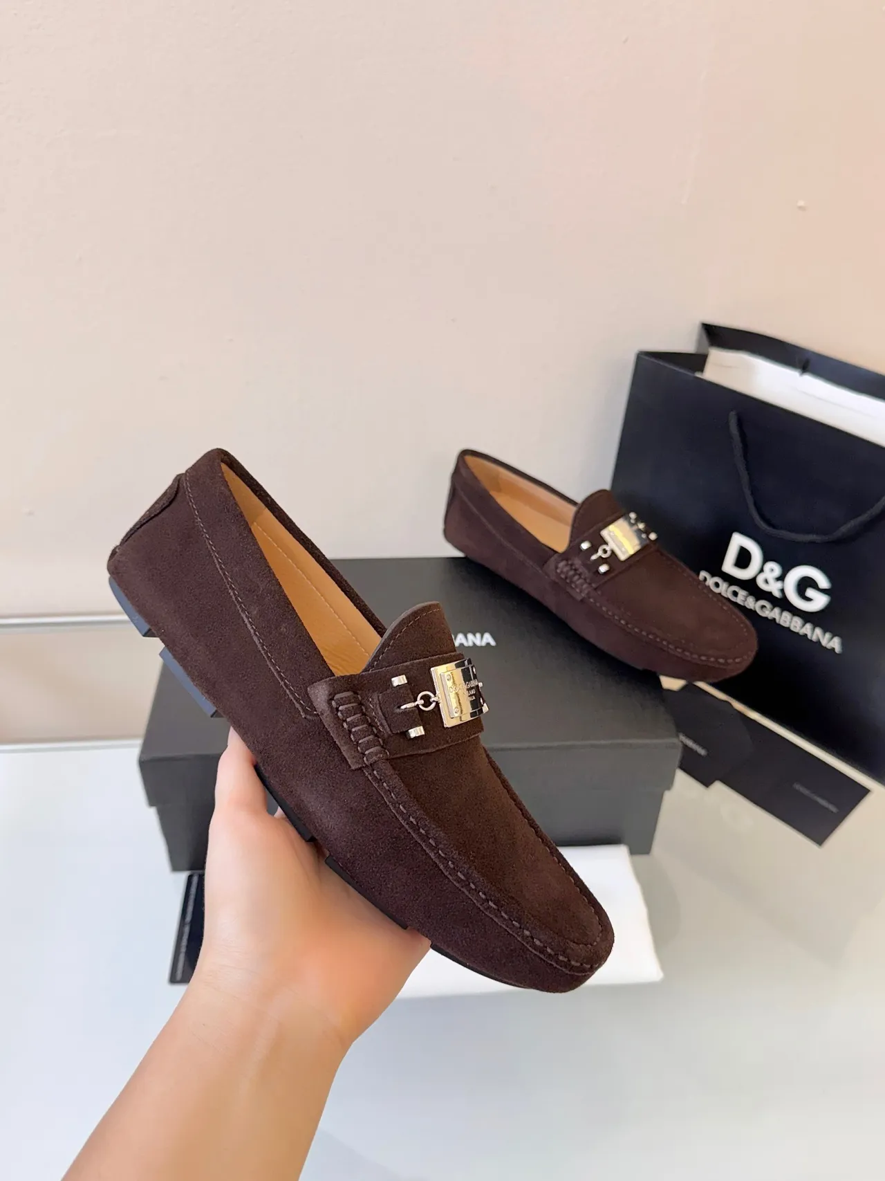 Dolce & Gabbana Portofino Brown Gold Suede Upper Metal Horsebit Buckle Loafer