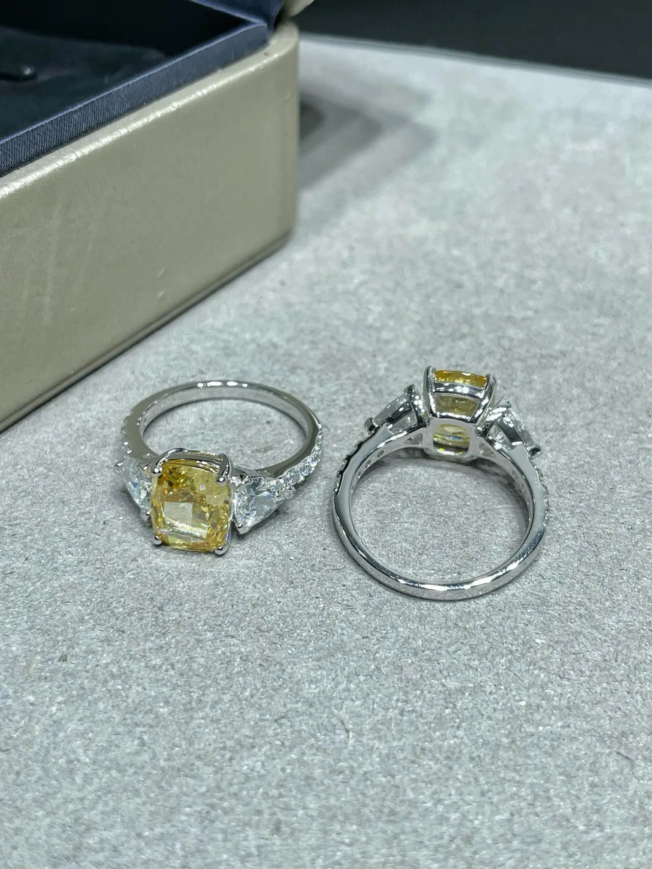 Three-Stone Cushion-Cut Yellow and White Gem Ring