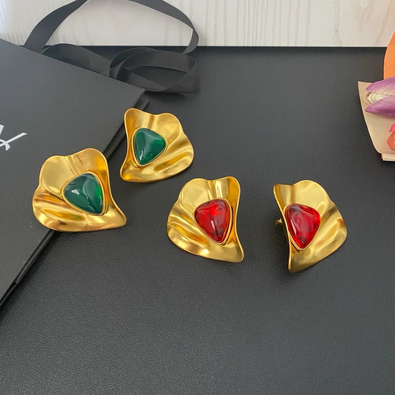 Saint Laurent Gold Green Sculptural Petal-Shaped Metal Frames Teardrop Cabochon Resin Stones Earrings