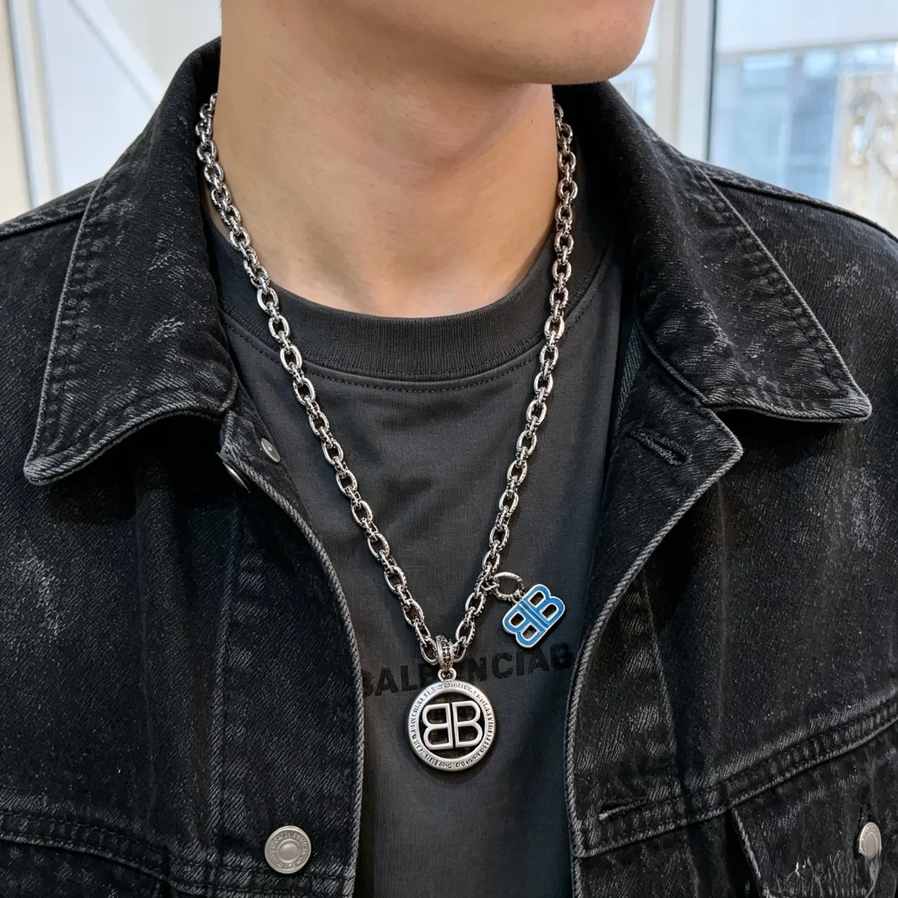 Balenciaga BB Necklace Silver Blue Chunky Curb Chain Double-B Logo Pendant Necklace