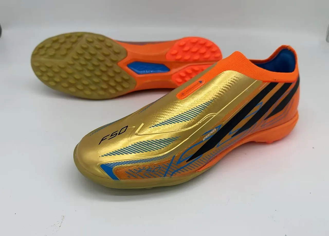 Adidas F50 Gold Orange Laceless Sock-Fit Upper Metallic Overlay Turf Soccer Shoes