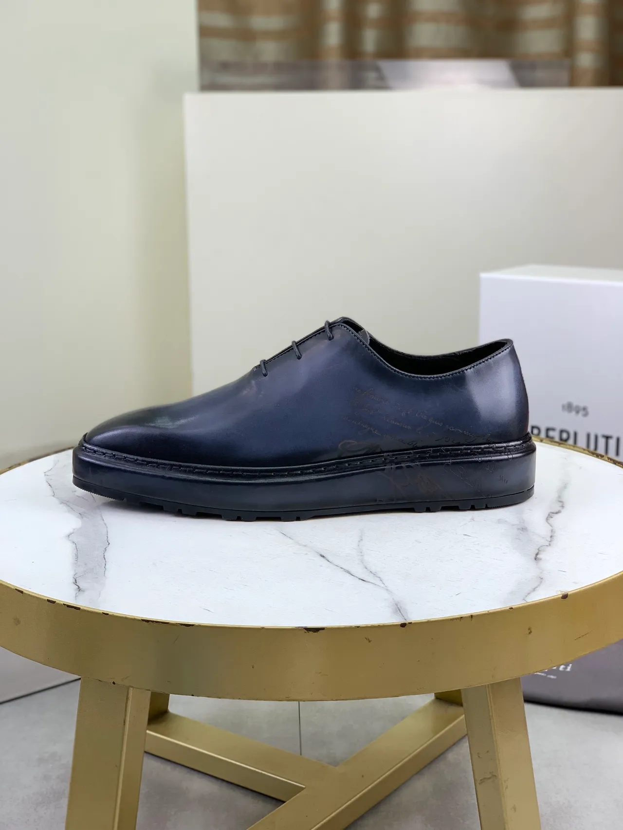 Berluti Navy Polished Leather Square-Toe Oxford Shoes