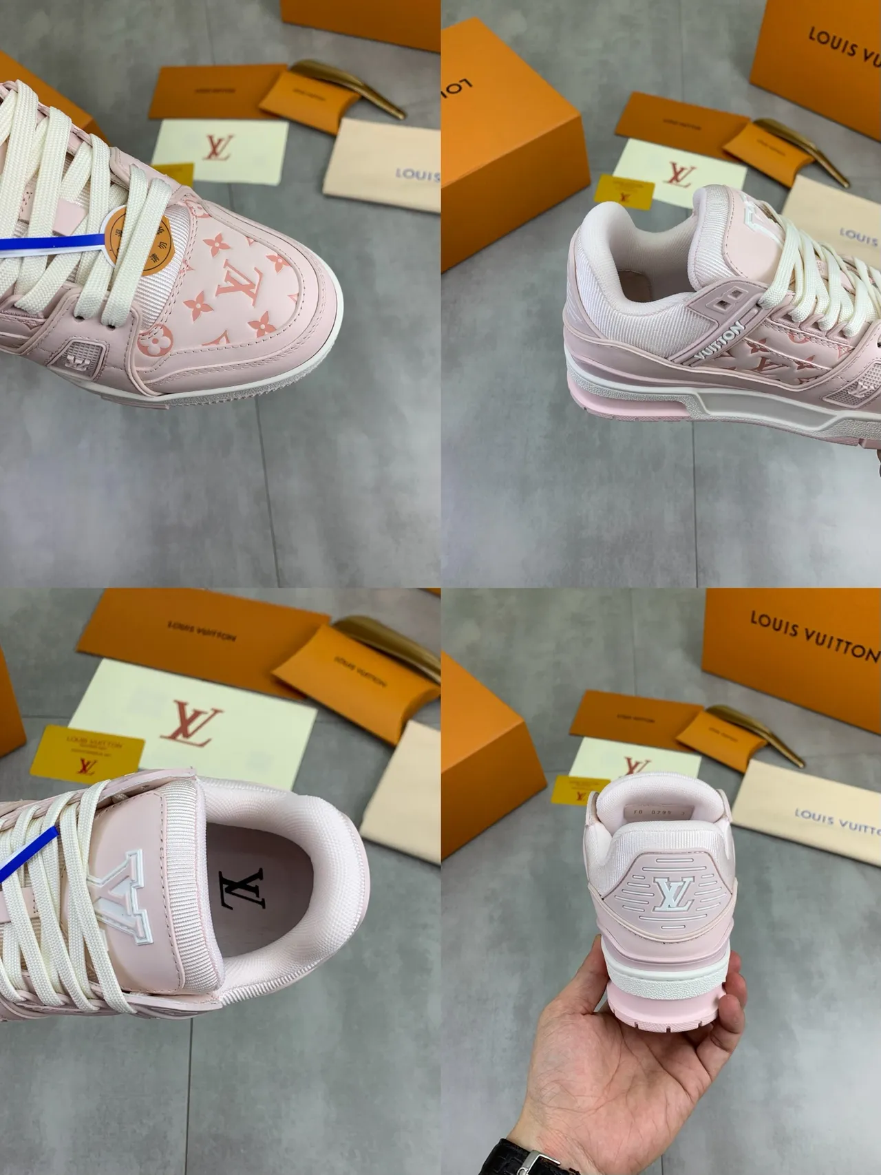Louis Vuitton LV Trainer Pink White Monogrammed Leather Layered Heel Cage Lifestyle Sneakers