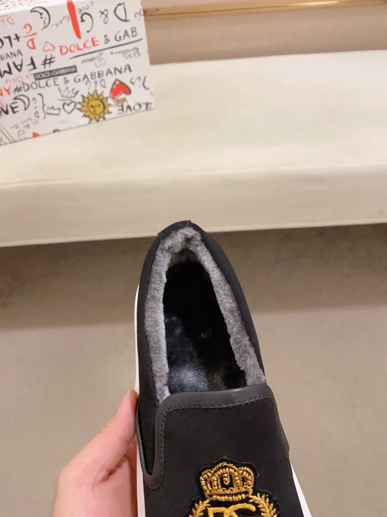 Dolce & Gabbana Portofino Black Gold Slip-On Suede Upper Lifestyle Sneakers
