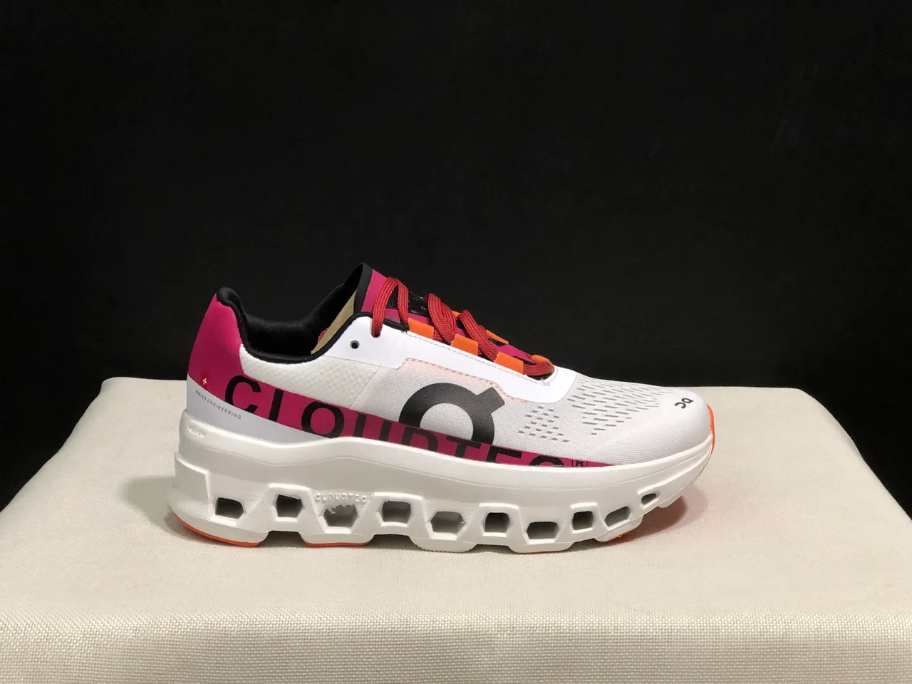 On Cloudmonster White Pink Orange Running Shoes
