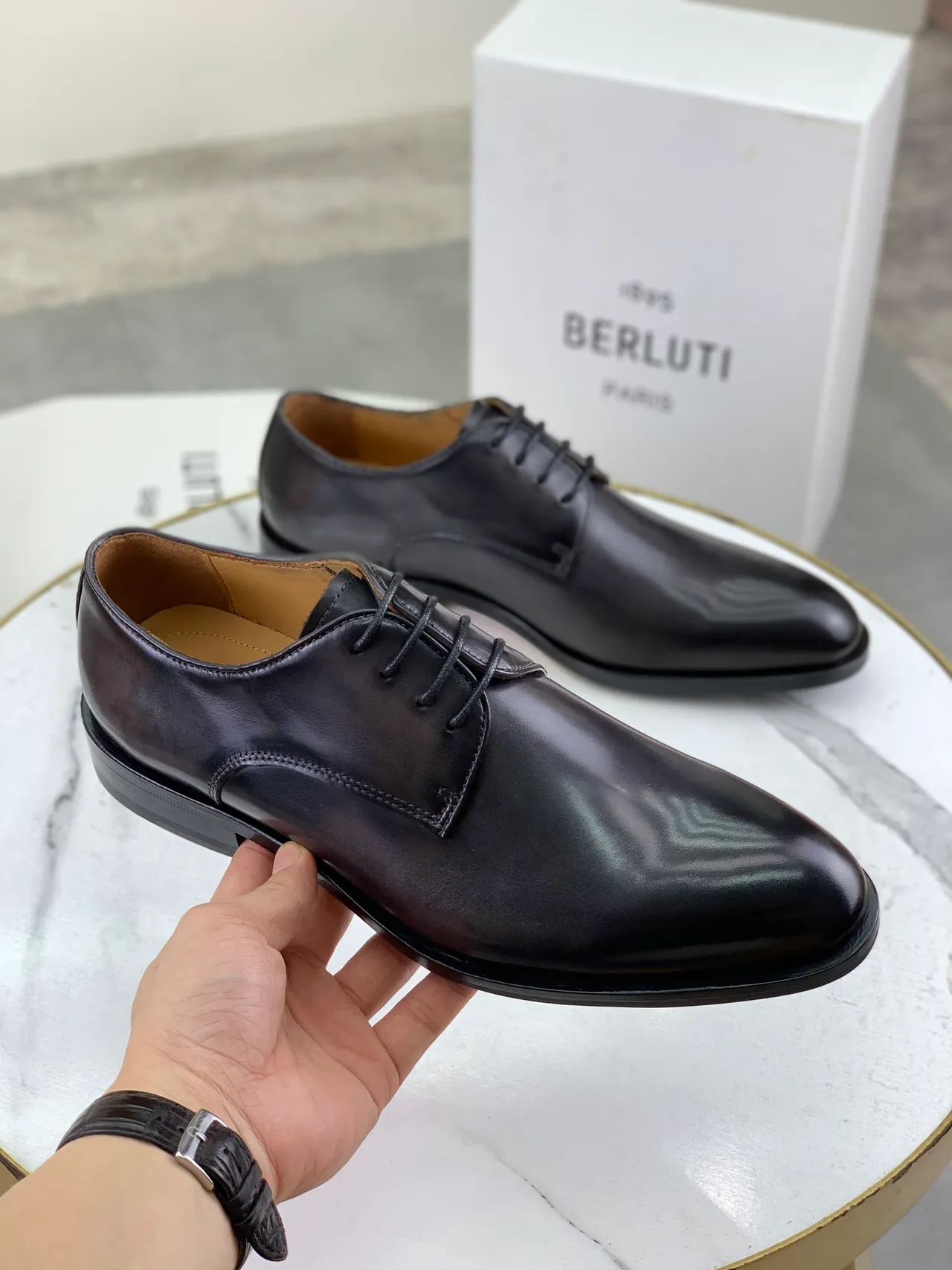 Berluti Black Brown Glossy Leather Cap Toe Oxford Shoes