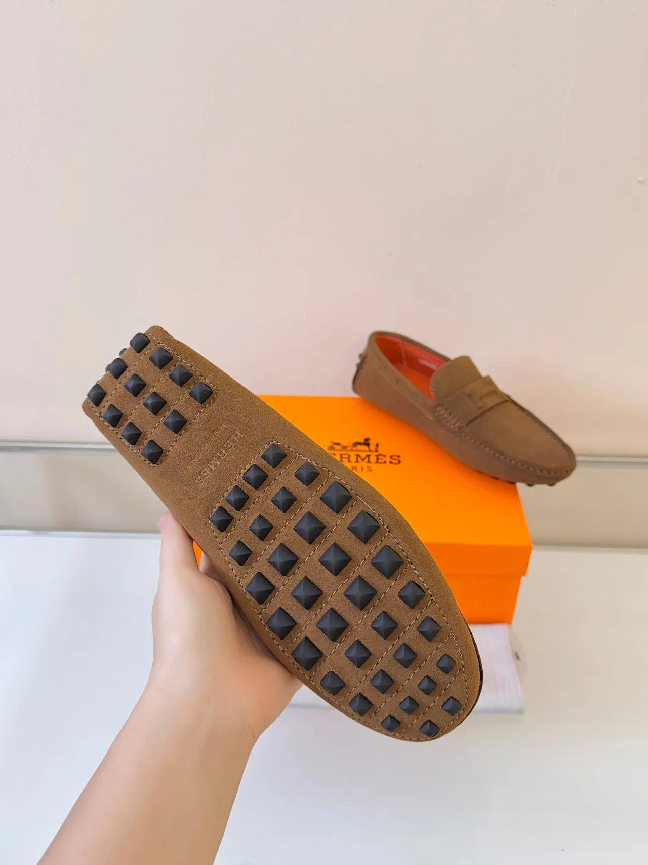 Hermès Oran Brown Orange Suede Upper Penny Strap Loafer