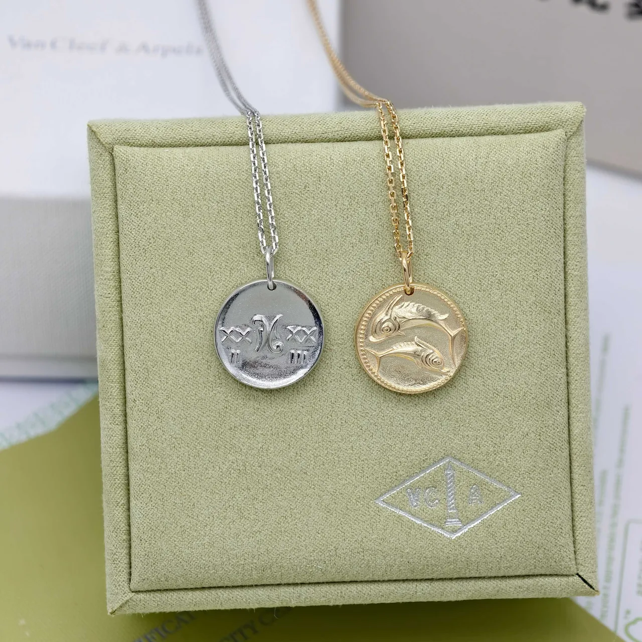 Van Cleef & Arpels Zodiac Silver Gold Circular Disc Pendants Engraved Motifs Necklace