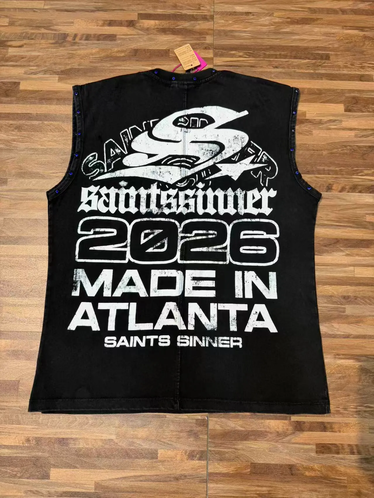 Saints Sinner Graphic-Print Rhinestone-Trimmed Black Denim Vest Top