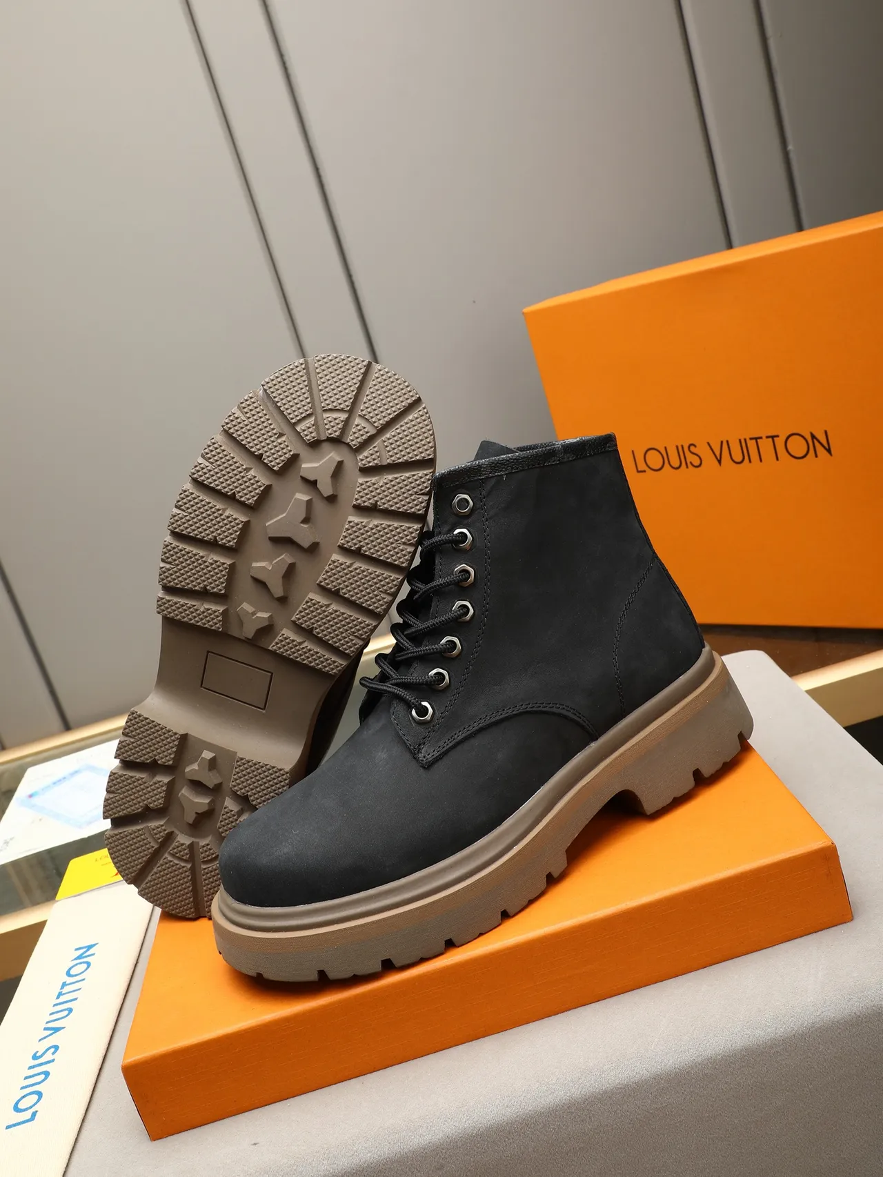 Black Suede Lace-Up Chunky Lug Sole Work Boot
