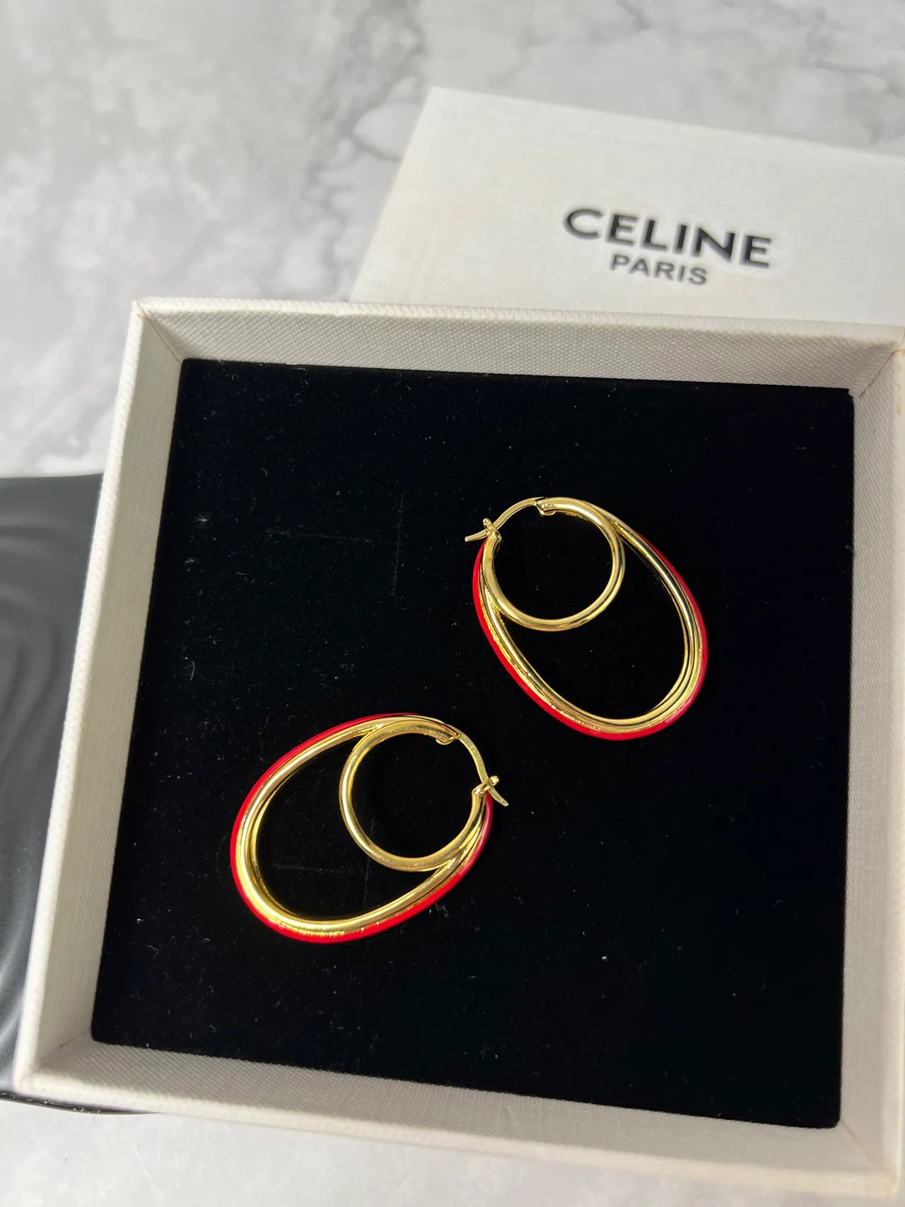 Celine Red Gold Double-Hoop Oval Earrings
