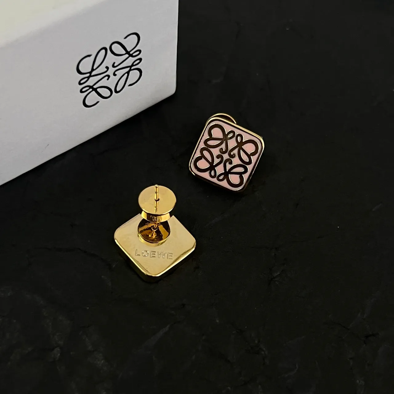 Loewe Anagram Gold Beige Square Stud Enamel-Filled Earrings