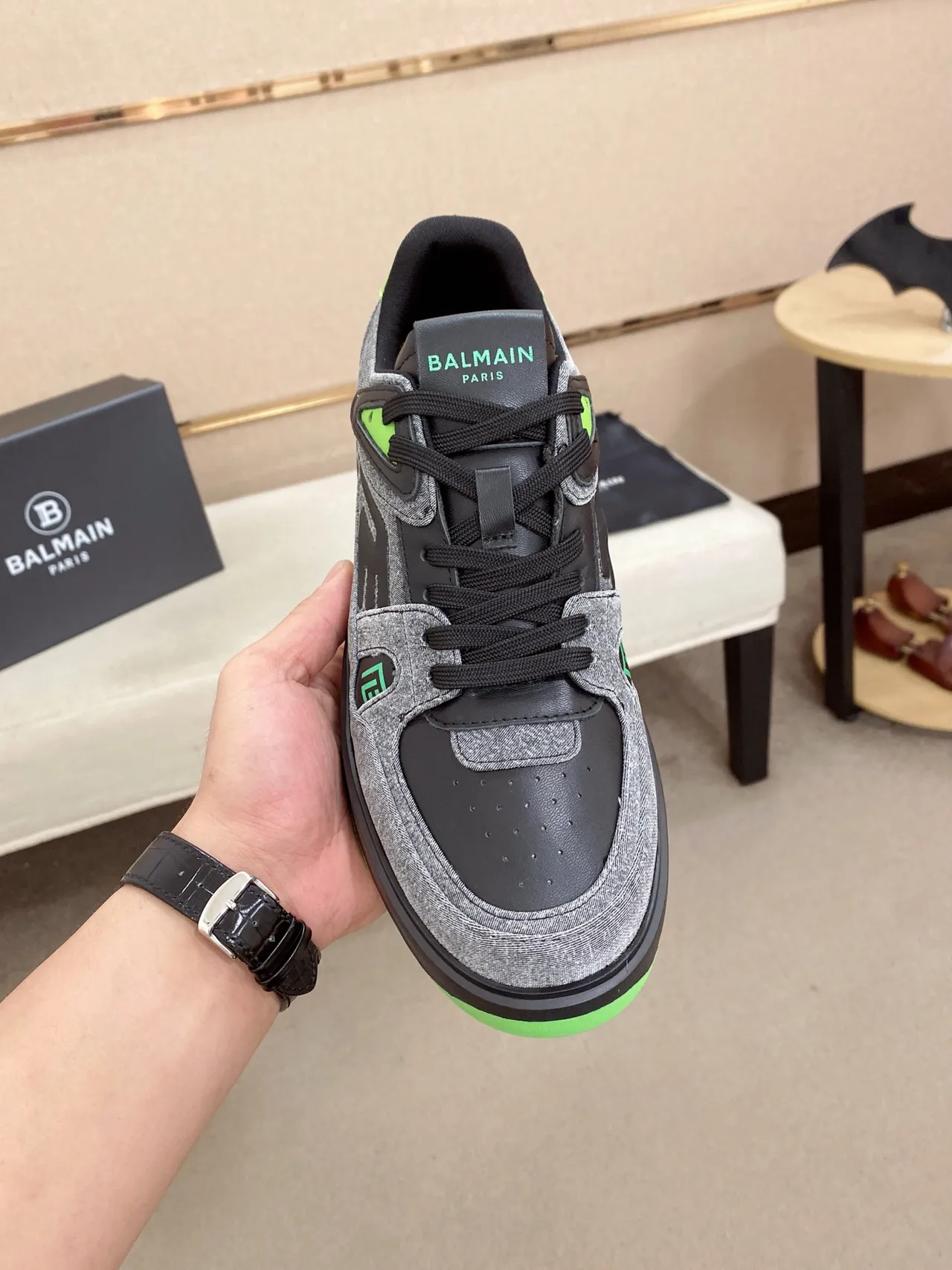 Balmain B-Court Gray Black Neon Green Lifestyle Sneakers