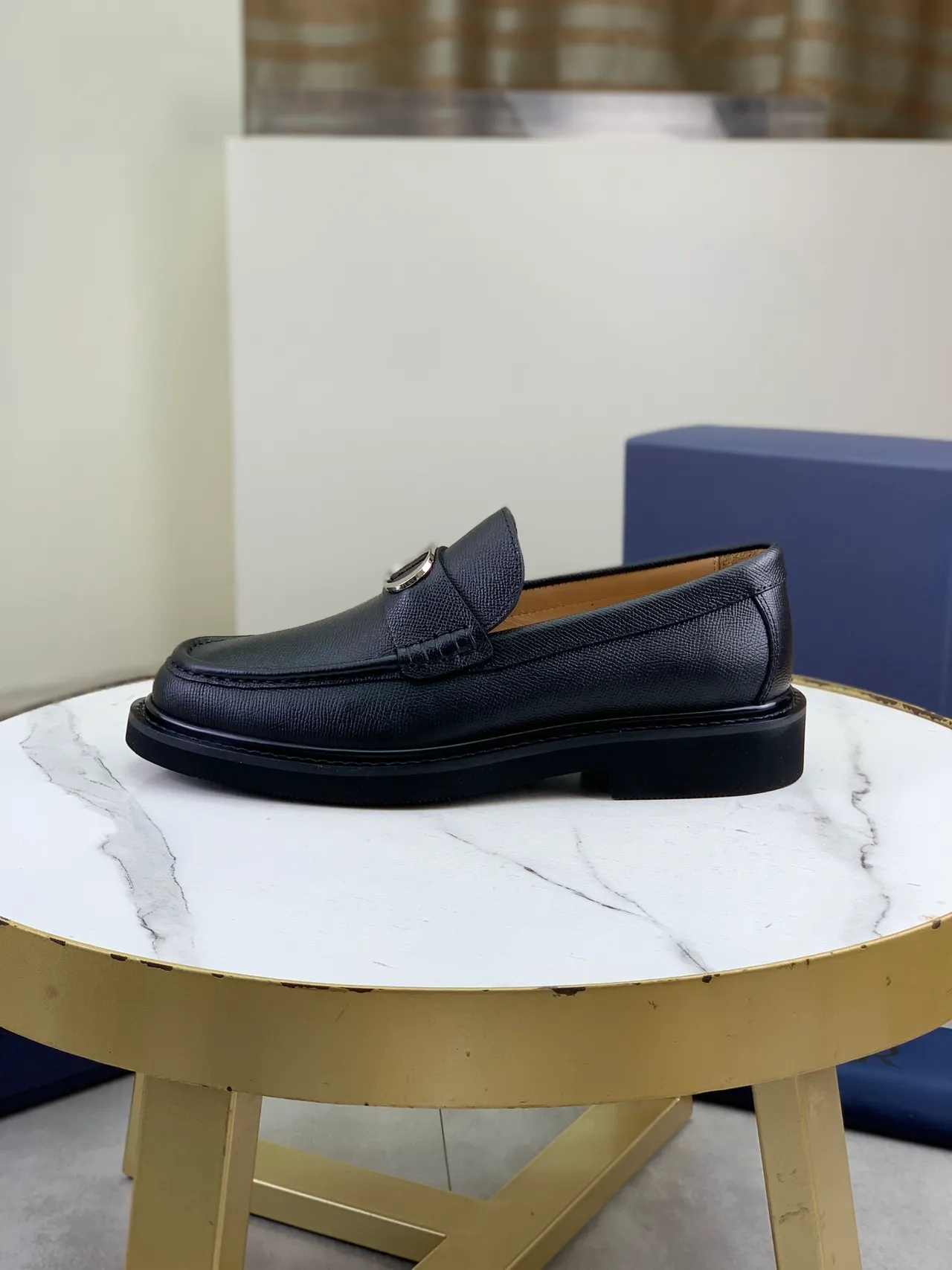 Dior Black Beige Textured Leather D-Shaped Metal Buckle Loafer