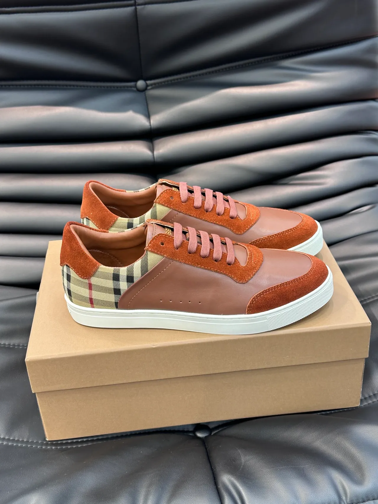 Burberry Brown Beige Low-Top Leather-Suede Hybrid Lifestyle Sneakers