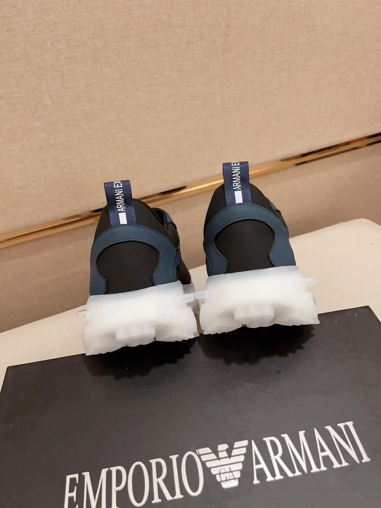 Armani Exchange Navy Black Mixed-Material Upper Sculpted Translucent Sole Sneakers