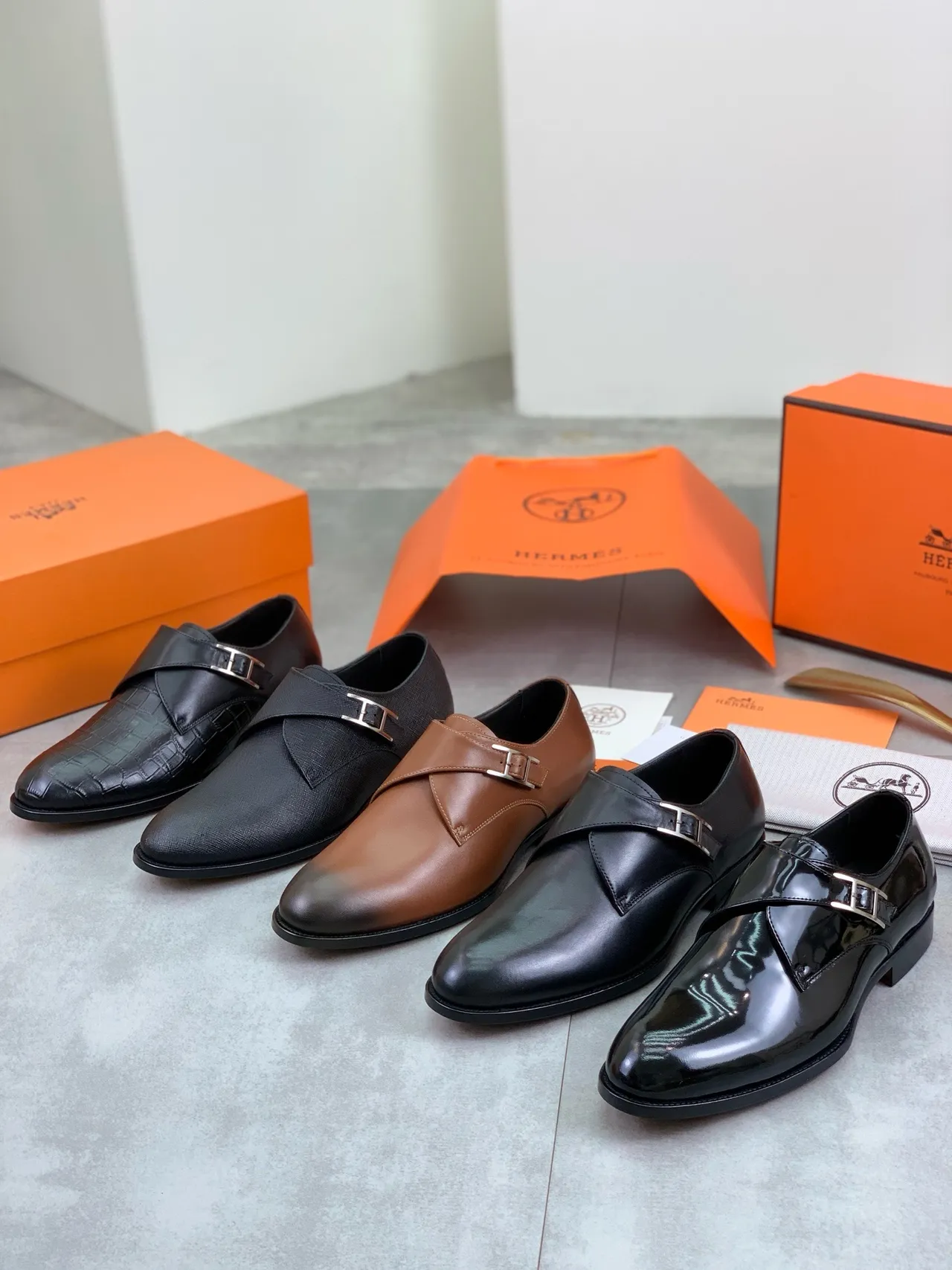 Hermès H-Buckle Monk Shoe Black Crocodile-Embossed Leather Men's Monk Shoes