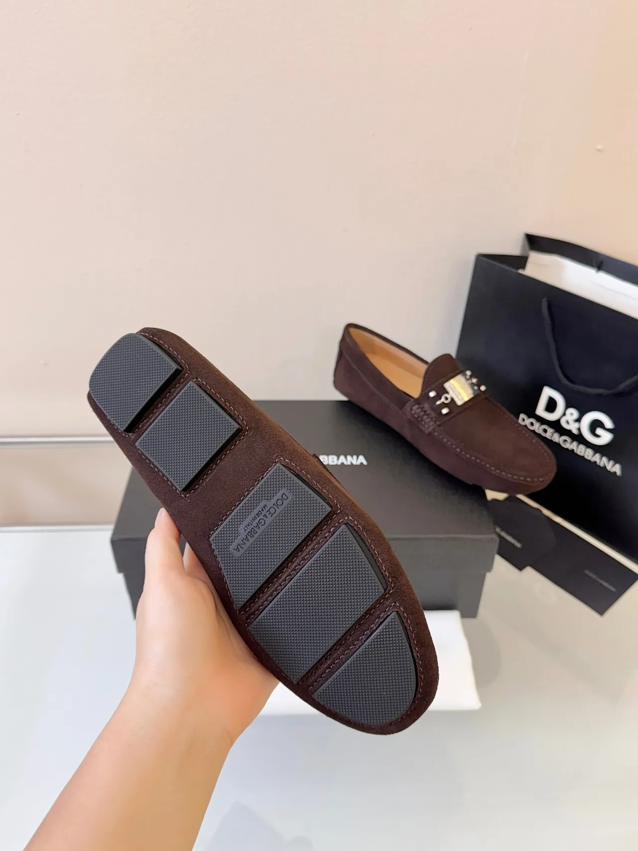Dolce & Gabbana Portofino Brown Gold Suede Upper Metal Horsebit Buckle Loafer