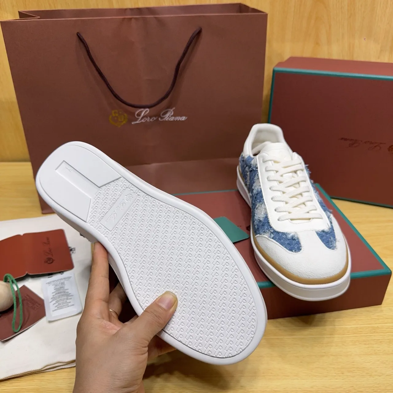 Loro Piana Denim-Textured White and Blue Lifestyle Sneakers