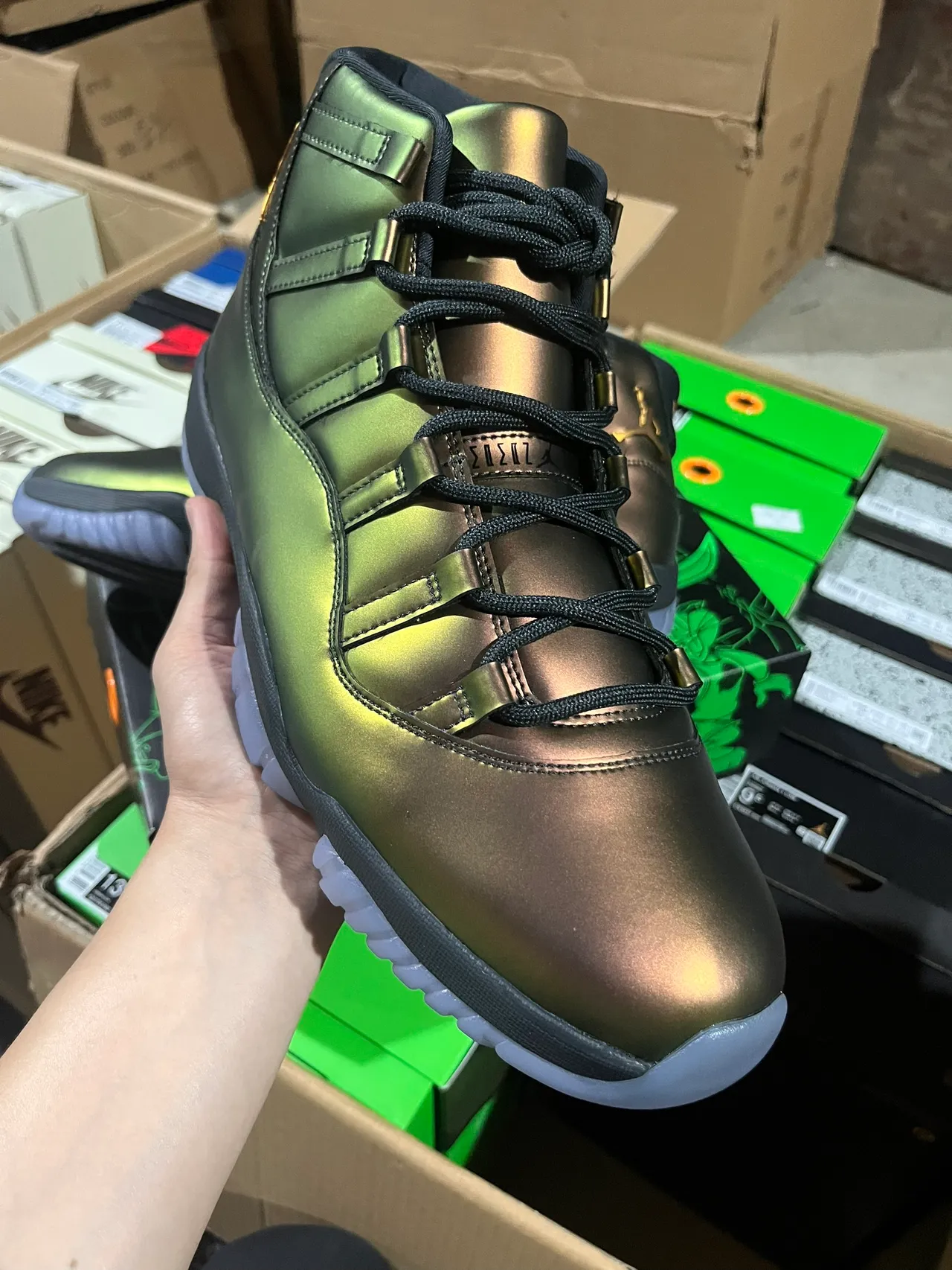 Air Jordan 11 Metallic Green-Gold High-Top Basketball Shoes