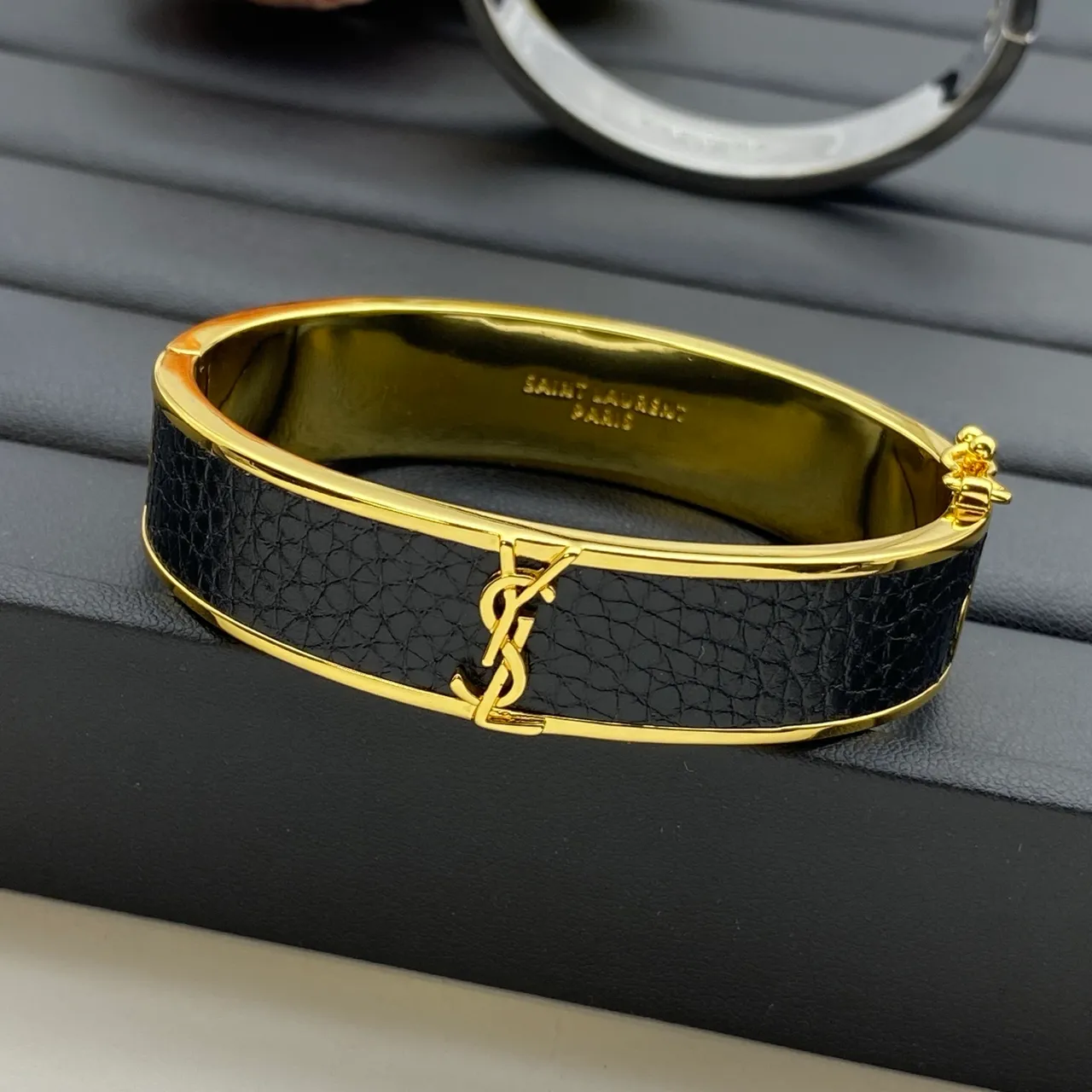 Saint Laurent Black Gold Monogrammed Leather-Inlay Bracelet
