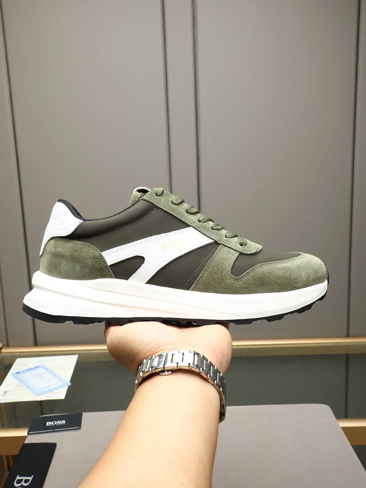 Hugo Boss Army Green White Olive Suede Side Stripe Sneakers