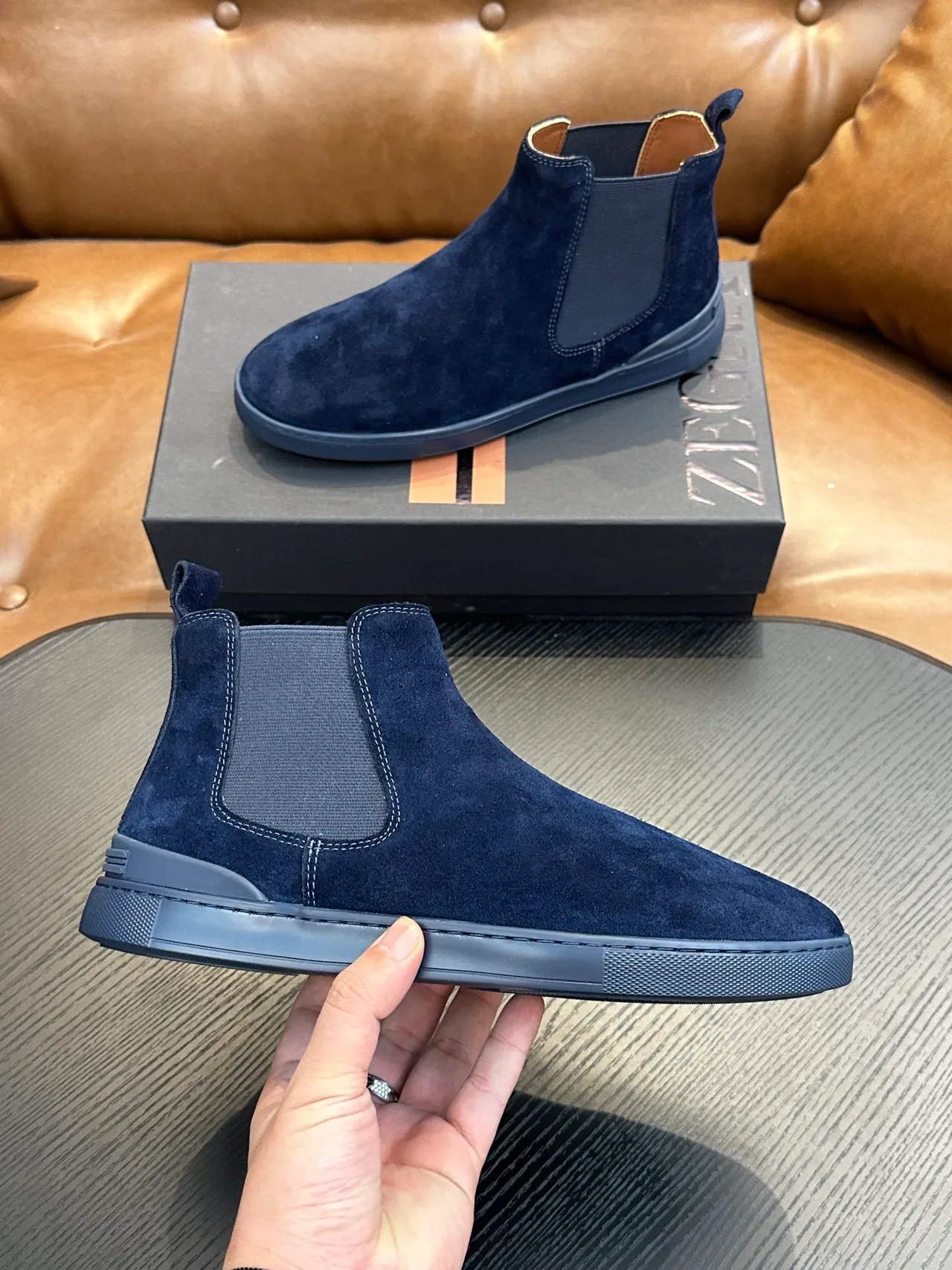Zegna Navy Suede Chelsea Boots