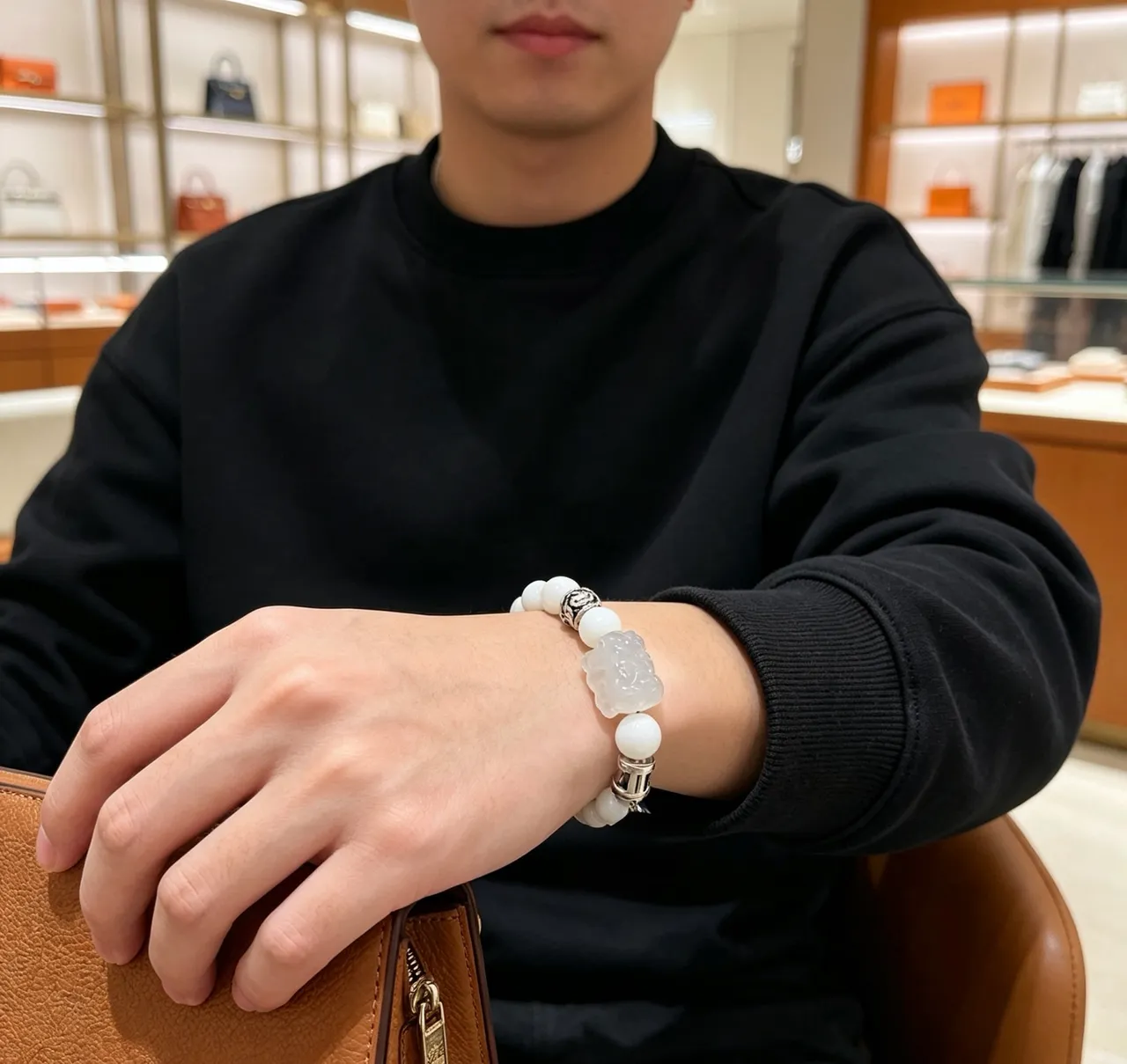 Hermès White Silver Stone Beads Metal Accents Bracelet