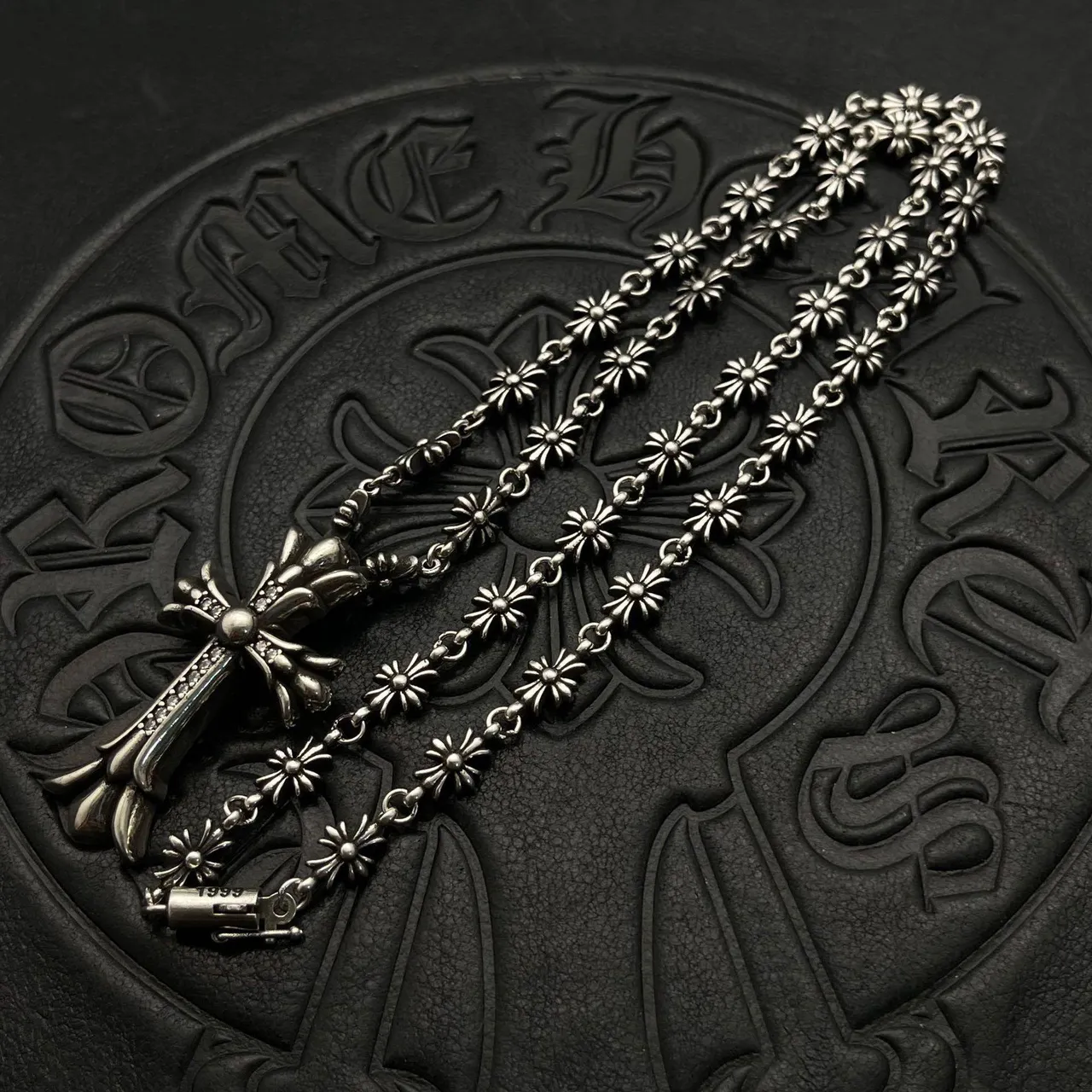 Chrome Hearts Silver Black Ornate Gothic Cross Fleur-De-Lis Terminals Necklace