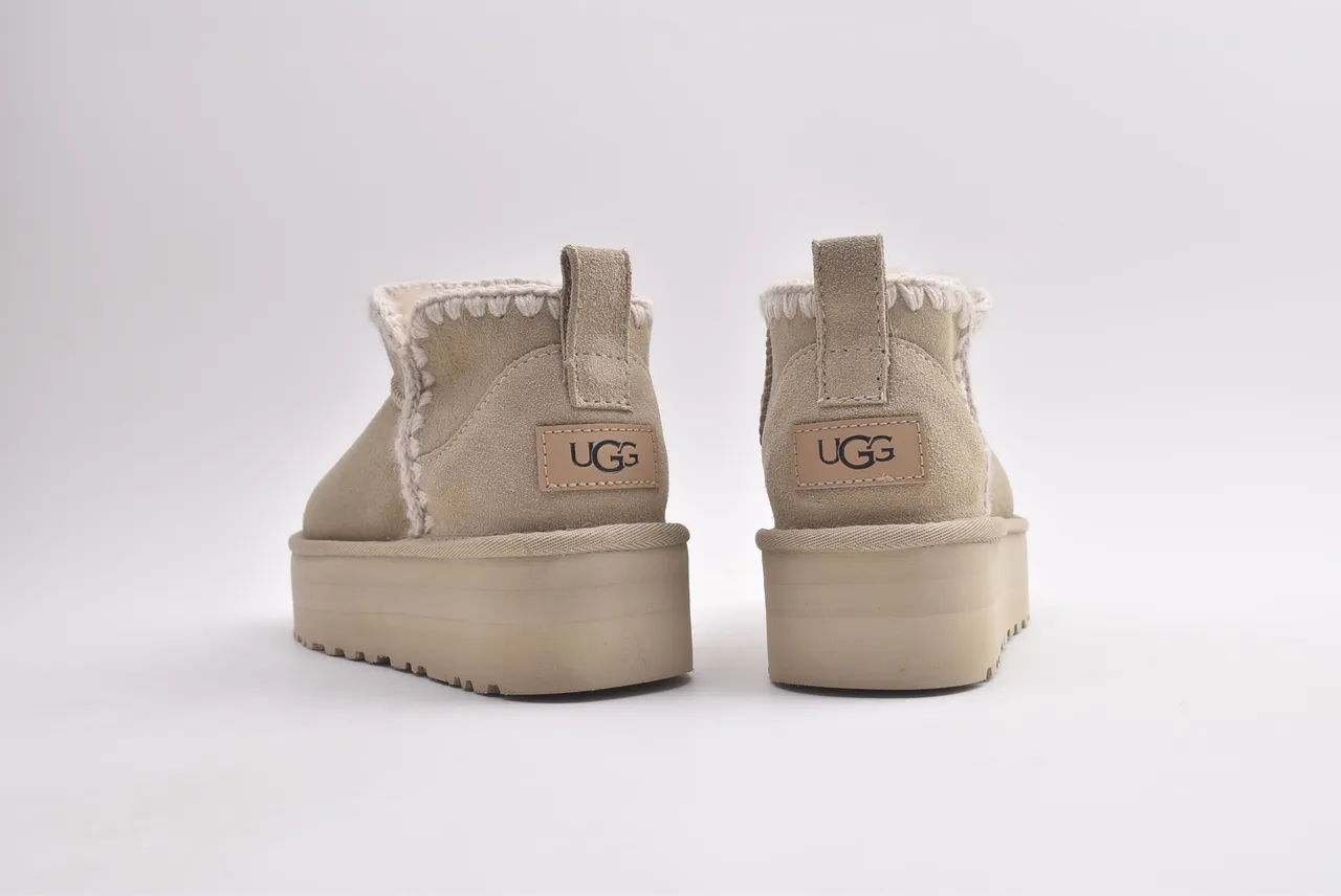UGG Beige White Platform Sole Braided Trim Snow Boots