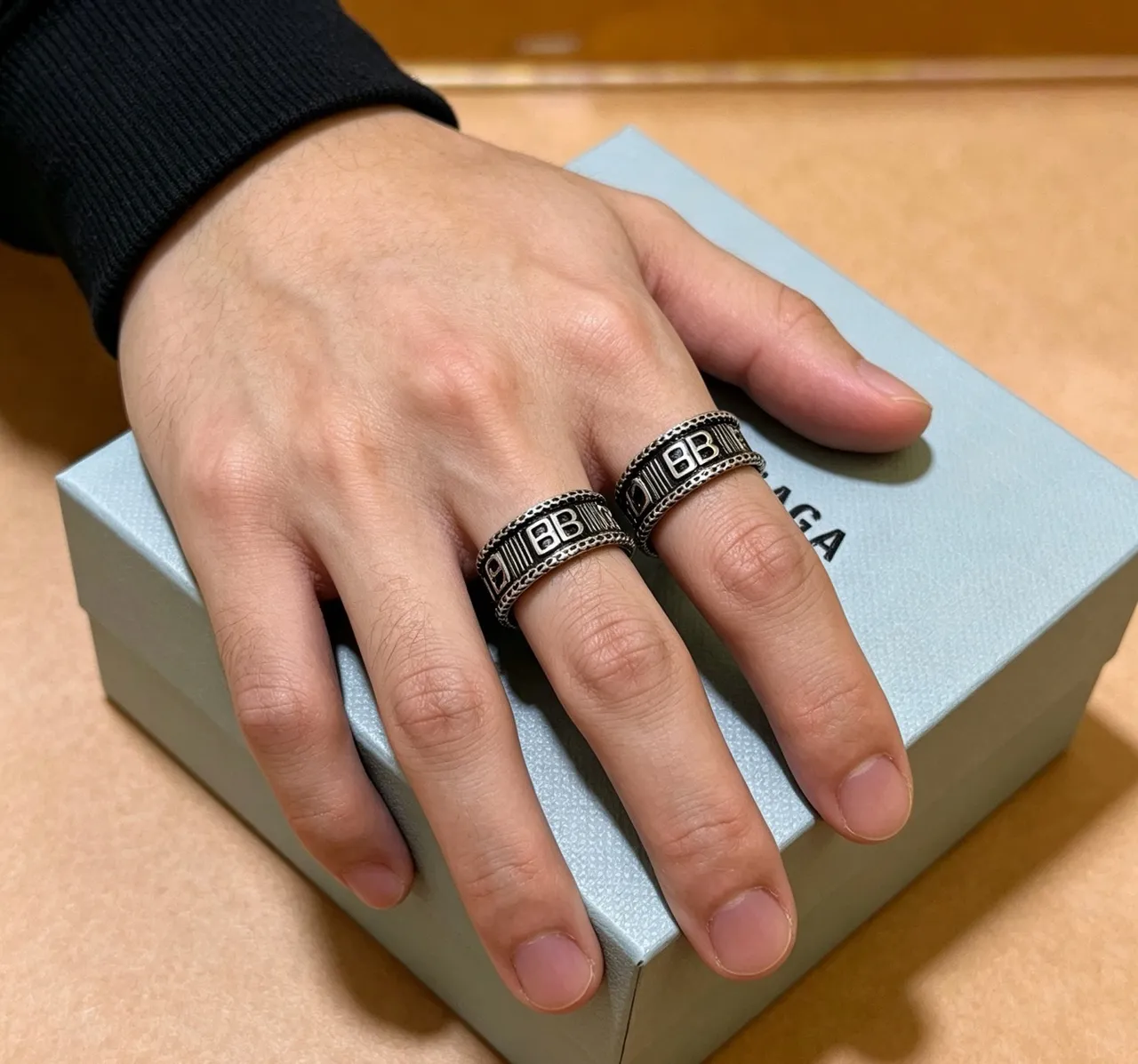 Balenciaga Logo Ring Silver Black Wide Band Engraved Ring