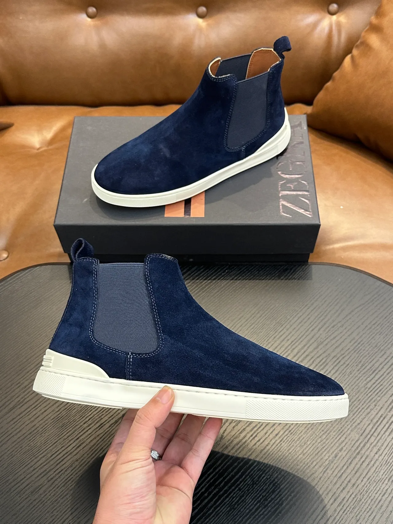 Zegna Navy White Suede Elastic Side Panels Chelsea Boots