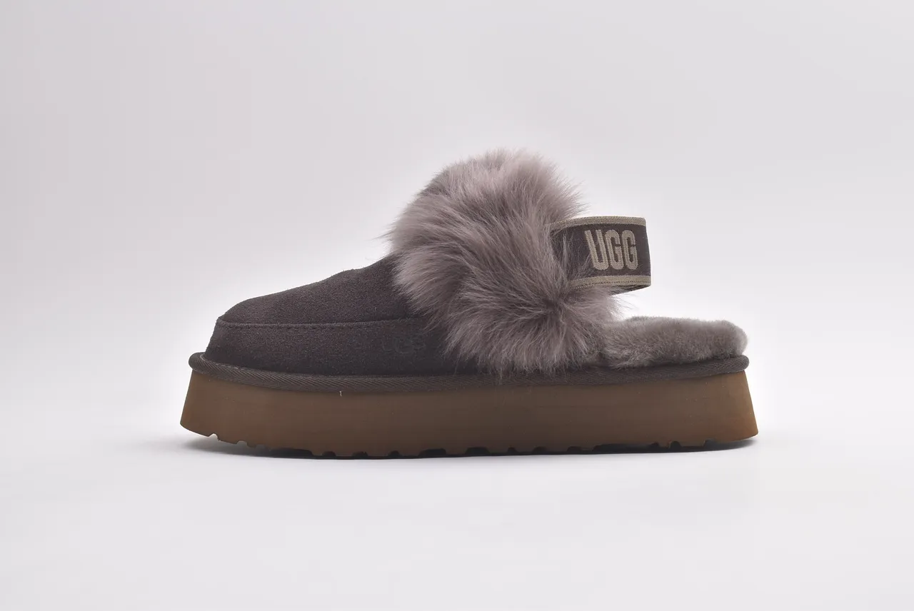 UGG Gray Brown Platform Sole Fur-Trimmed Slippers
