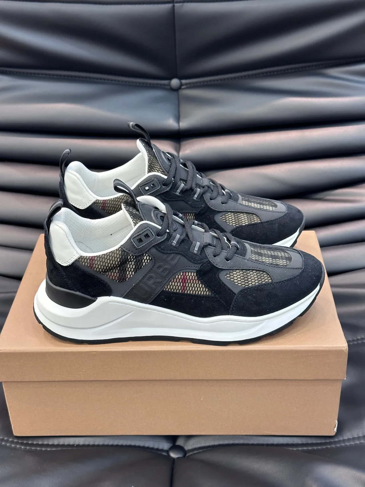Burberry Lola Black White Layered Suede-Mesh-Plaid Upper Sculpted Midsole Chunky Sneakers