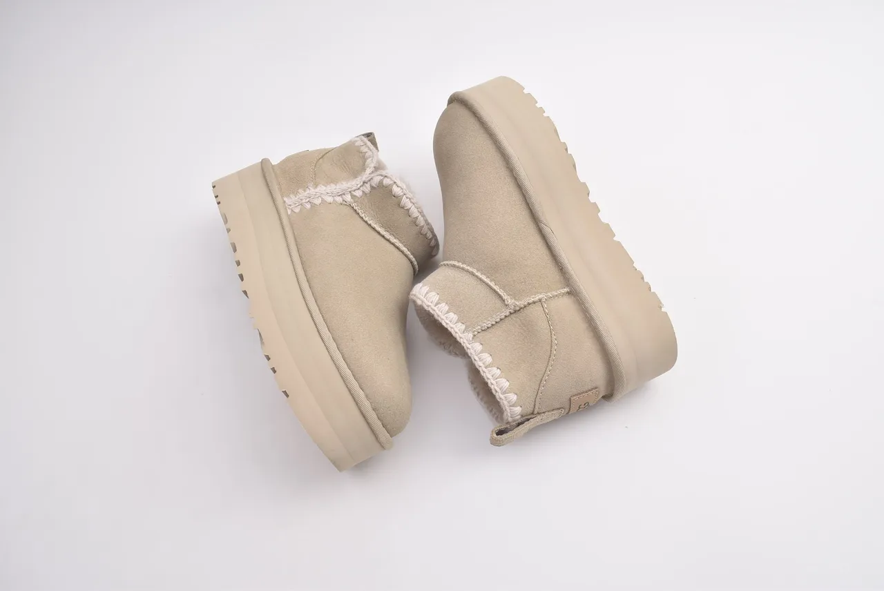UGG Beige White Platform Sole Braided Trim Snow Boots