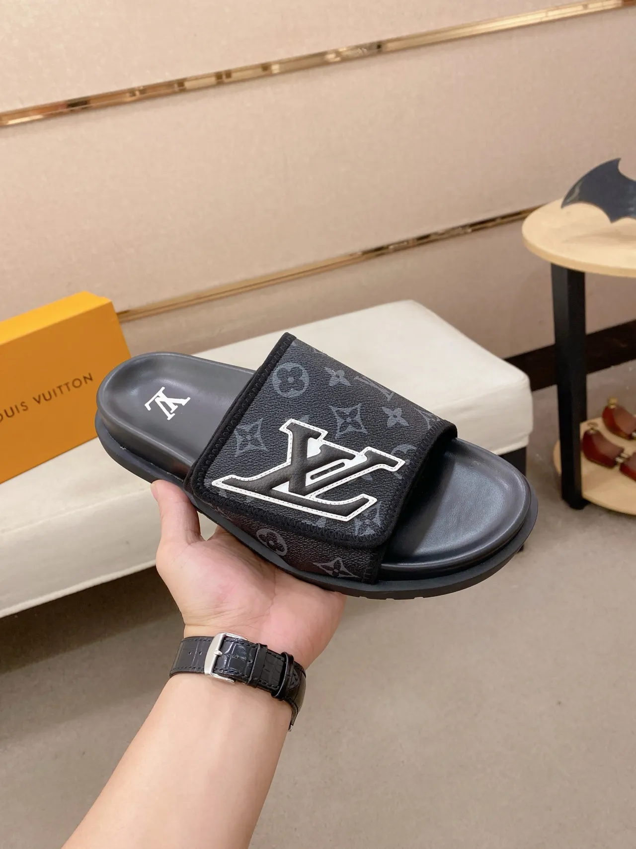 Louis Vuitton LV Slide Monogram Black Gray Slippers