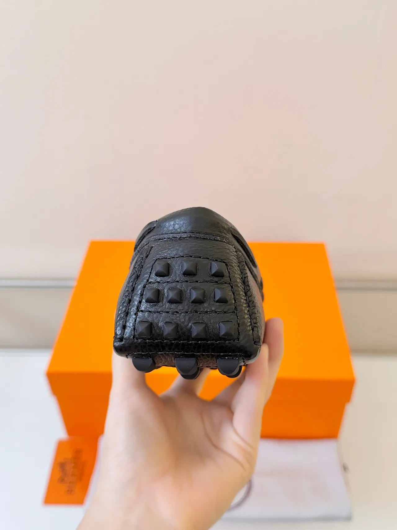 Hermès Oran Black Orange Pebbled Leather H-Logo Strap Loafer