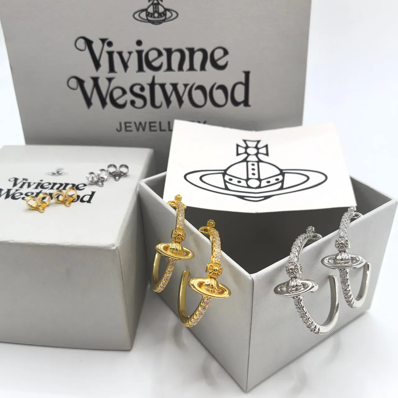 Vivienne Westwood Orb Gold Silver Motif Pavé-Set Stones Earrings