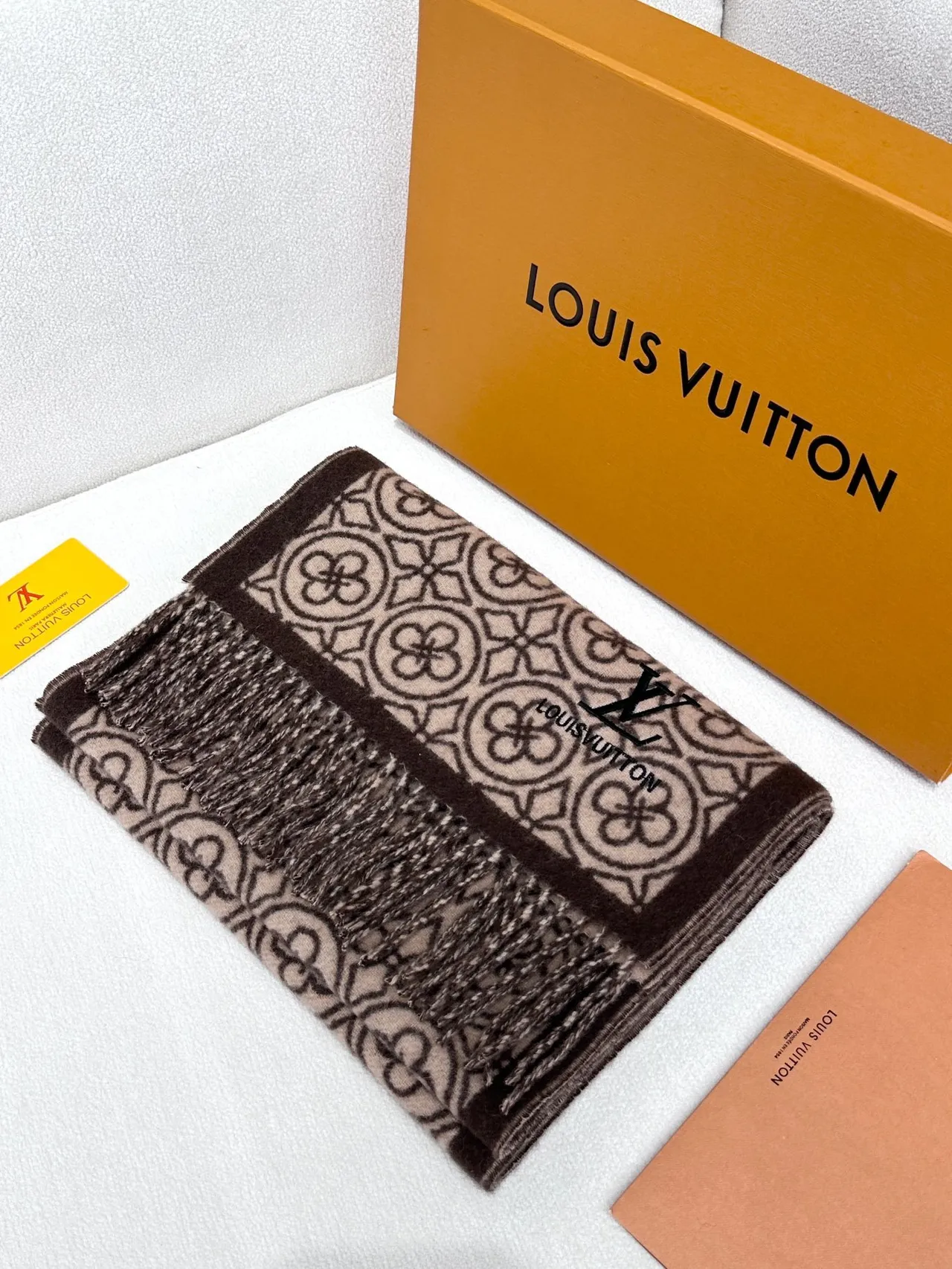 Louis Vuitton Geometric Monogram Jacquard Beige and Brown Cashmere Scarf