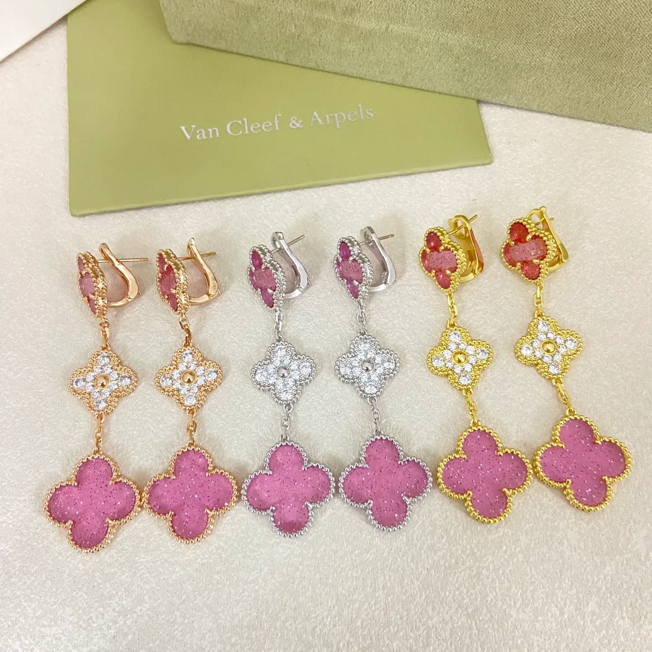 Van Cleef & Arpels Alhambra Multicolor Stone Inlay Dangling Earrings