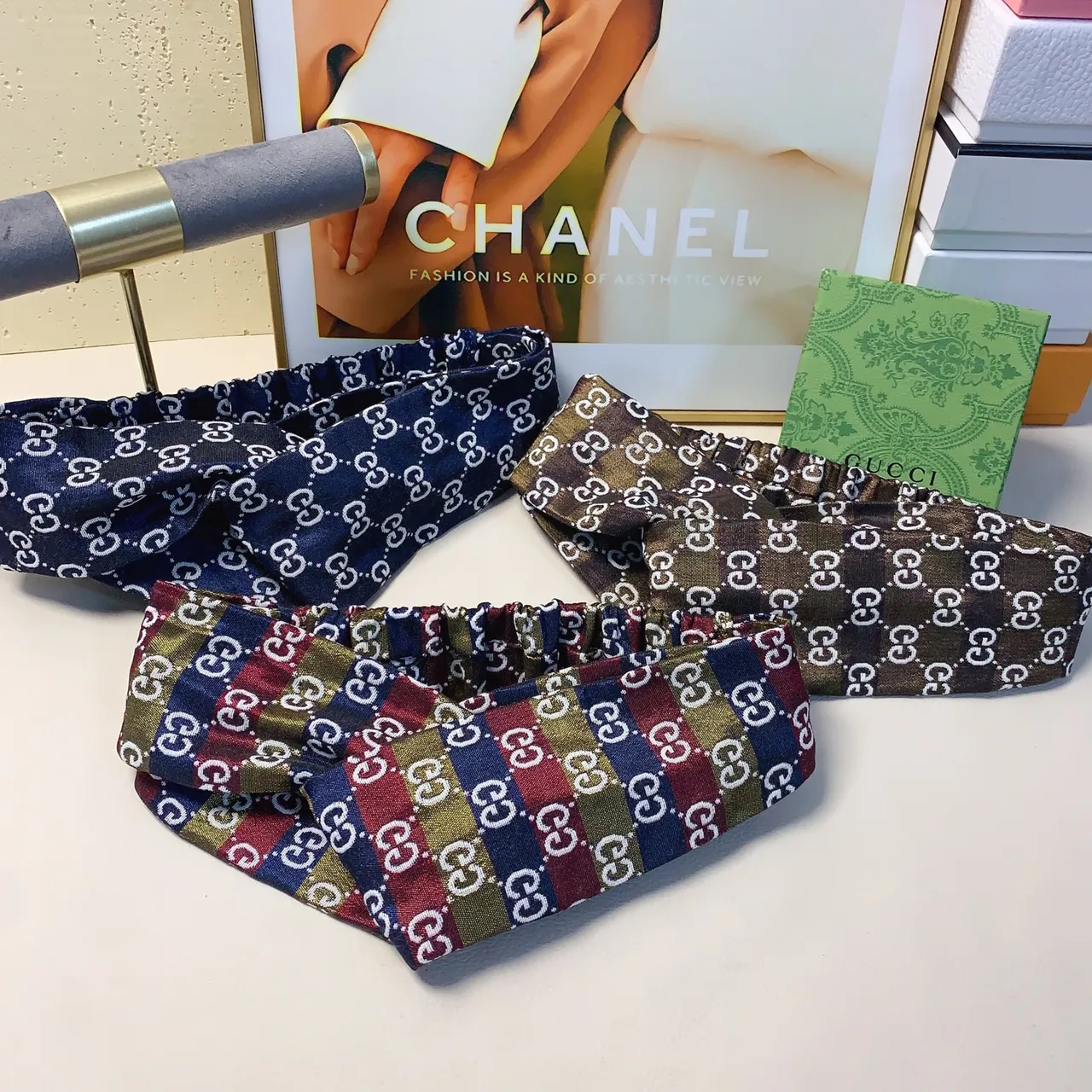 Gucci Multicolor Navy Interlocking GG Monogram Elastic Gathered Center Silk Scarf